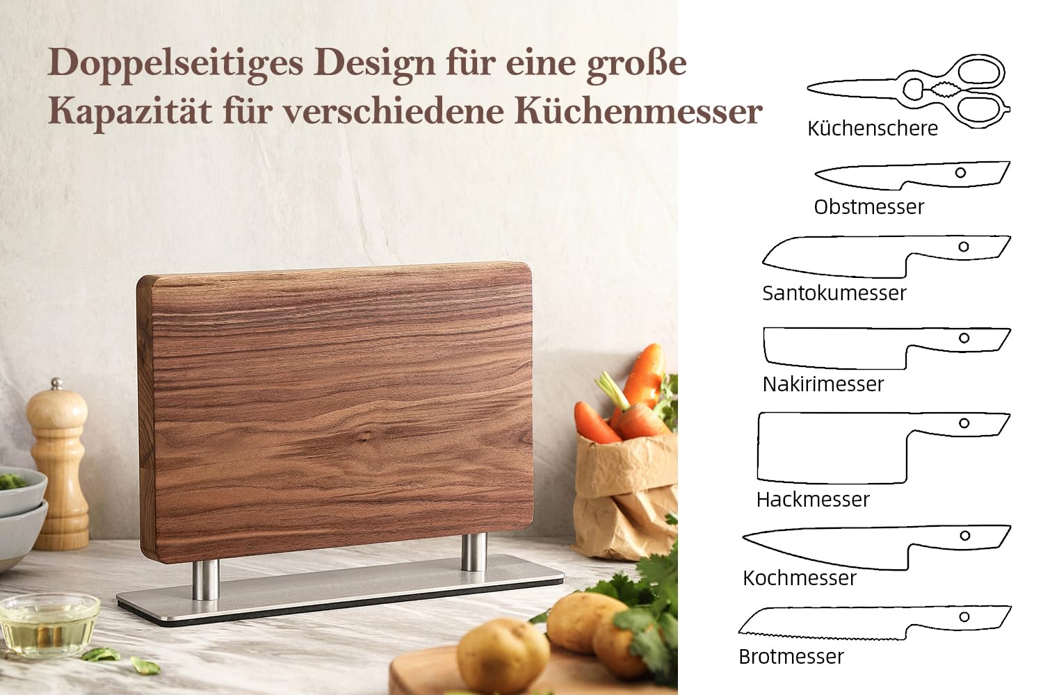 XINZUO Walnussholz Messerblock Magnetisch -Doppelseitig erhältlich -Messerhalter Magnetischer Ohne Messer -Doppelseitiger Starker Magnet Messerhalter für Küche -Leicht zu reinigen -mit Geschenkbox