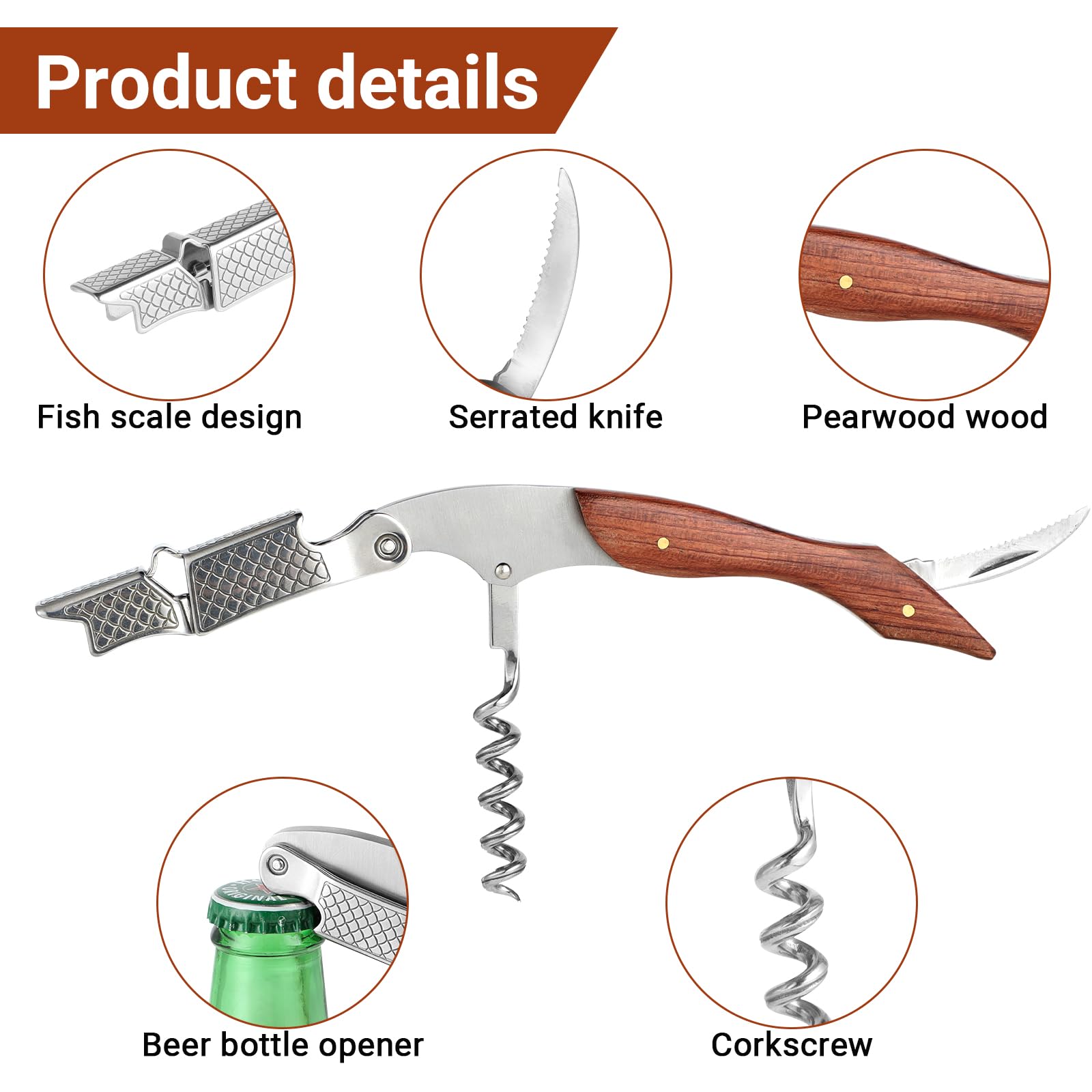 Cuchara de Sommelier Profesional con Diseño de Escamas de Pescado – Sacacorchos, Cortador de Cápsulas y Abrebotellas en un Solo Utensilio