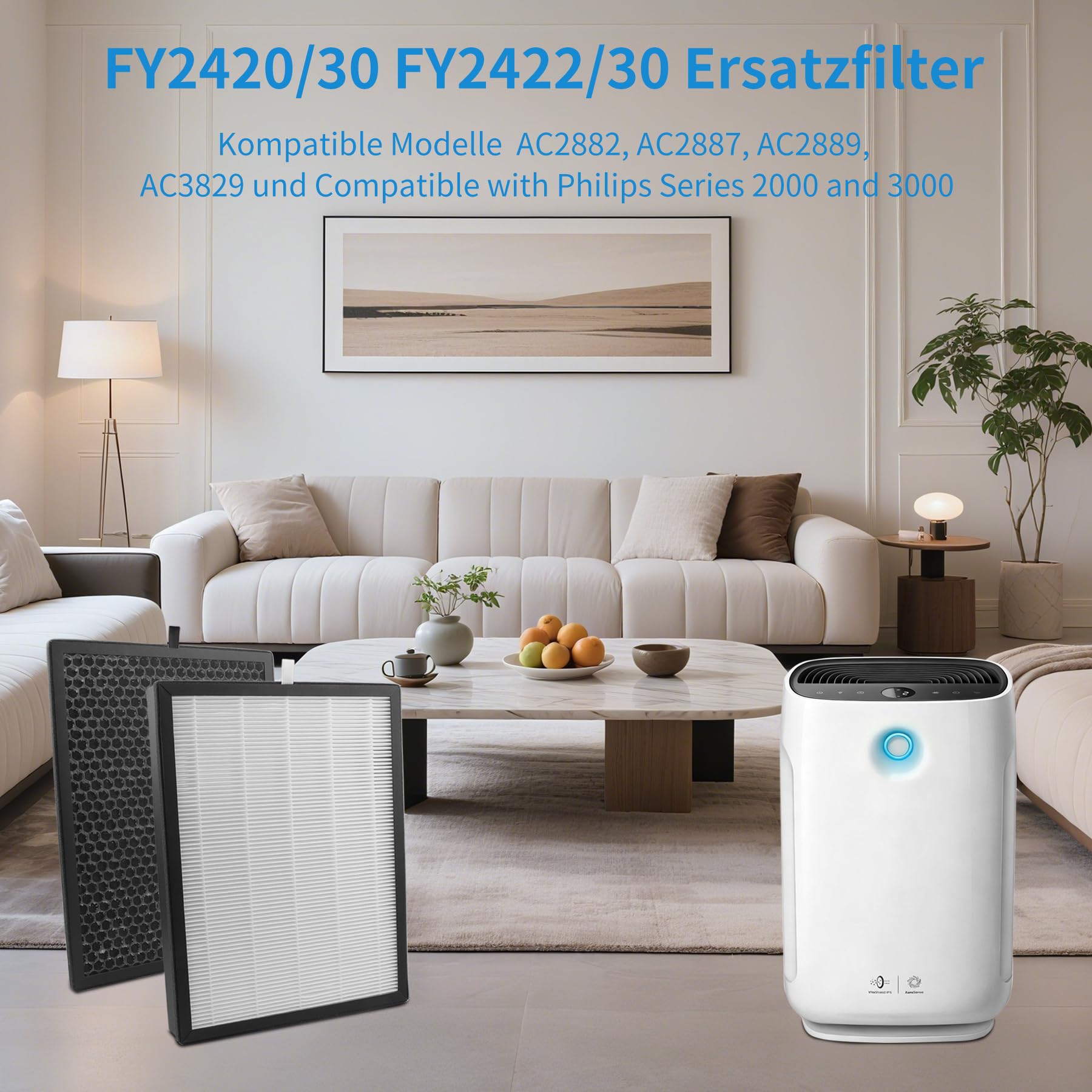 FY2420/30, FY2422/30, filtro di ricambio per Philips AC2882, AC2887, AC2889 e AC3829, serie 2000/3000, con 1 filtro e 1 filtro ai carboni attivi
