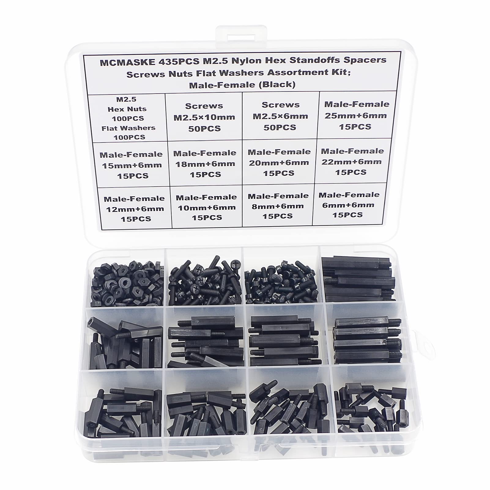 MCMASKE 435PCS M2.5 Nylon Hex Standoffs Spacers Screws Nuts Flat Washers Assortment Kit;Male-Female(Black)