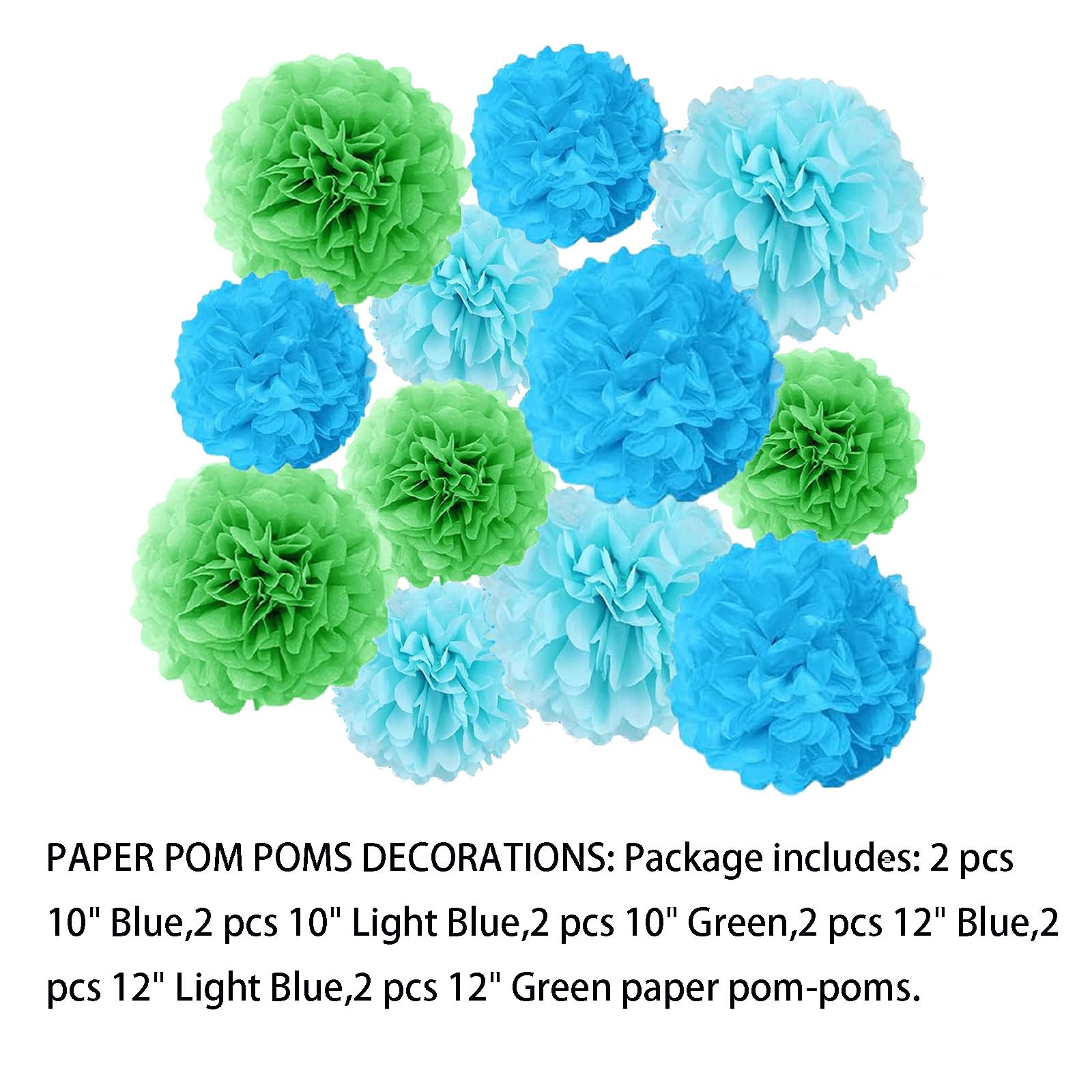 Ainmto 12pcs Blue Light Blue and green Paper Pom Poms Decorations for Party Ceiling Wall Hanging Tissue Flowers Decorations - Image 2