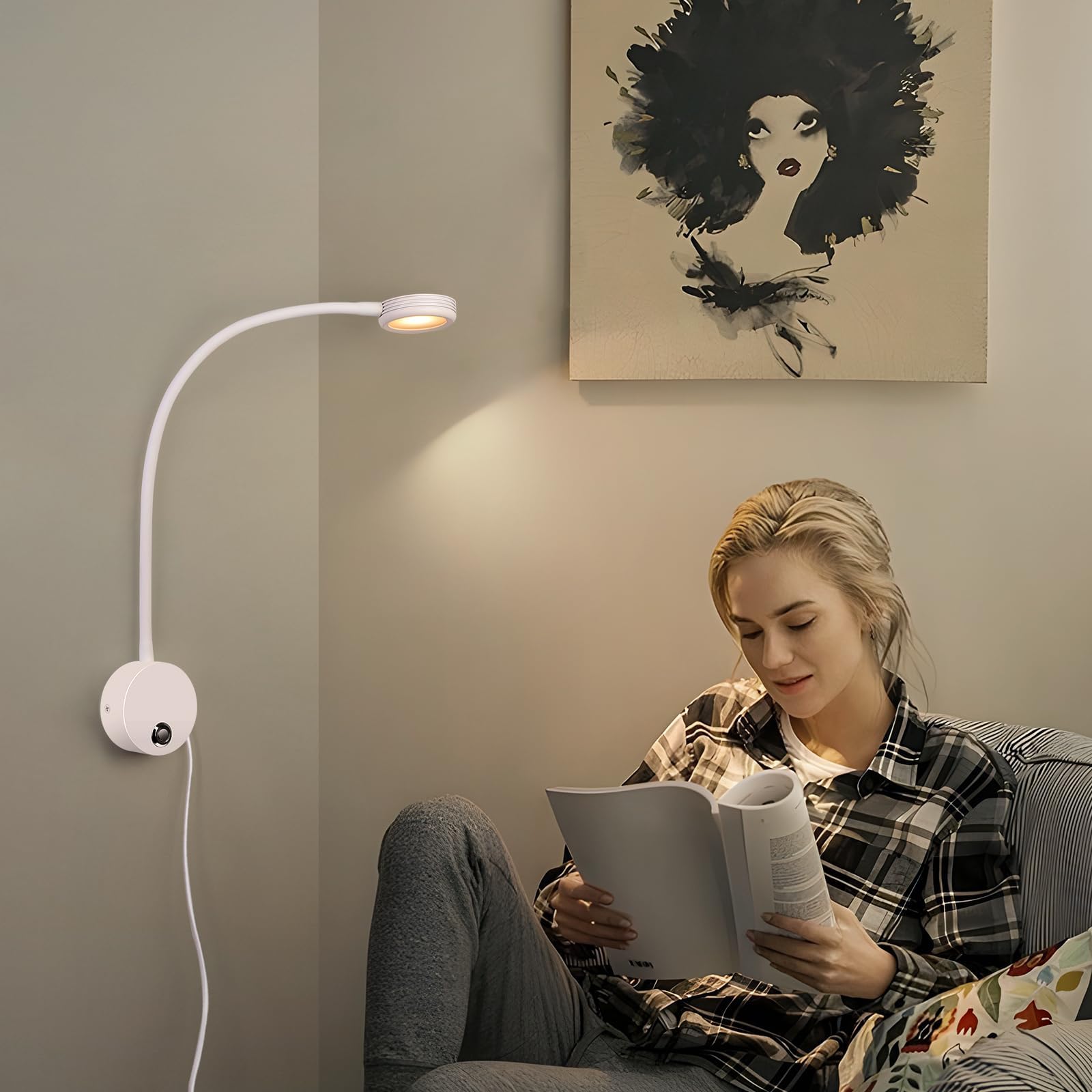 ERWEY 2 Stück LED Leselampe Wandmontage, Wandleuchte mit Touch-Dimmer (3000-6000K), 4W Bettlampe mit 360° Flexiblem Schwanenhals und USB-Ladeanschluss für Bett, Schlafzimmer (Weiß)