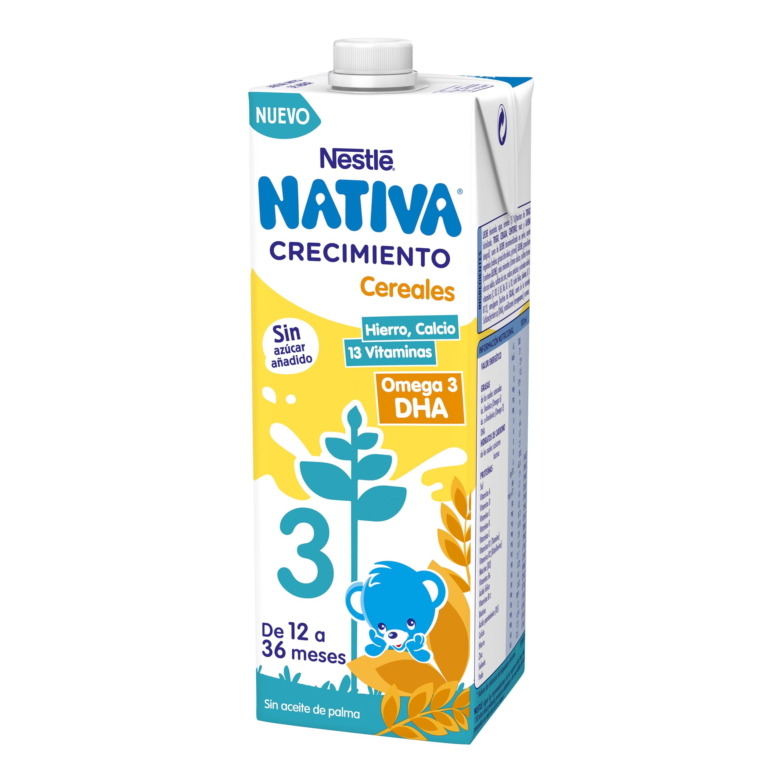 NESTLÉ NATIVA Leche de crecimiento líquida con Cereales sin azúcar añadido 1 año 6 bricks 1L