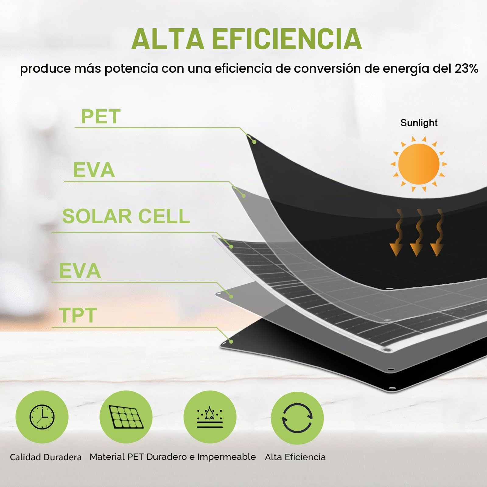 Panel solar 100 W 12 V flexible monocristalino panel solar ultra ligero ultra delgado impermeable cargador solar para autocaravana, techo, caravana, barco y superficies irregulares (100 W)