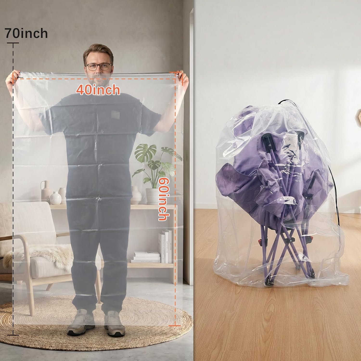 40x60 Inch Extra Large Clear Drawstring Plastic Bags 3 Pack(4 Mils), Dustproof Moistureproof Reusable Big Giant Luggage Storage Bag for Suitcase Garage Organizer, Blanket, Plush Toys
