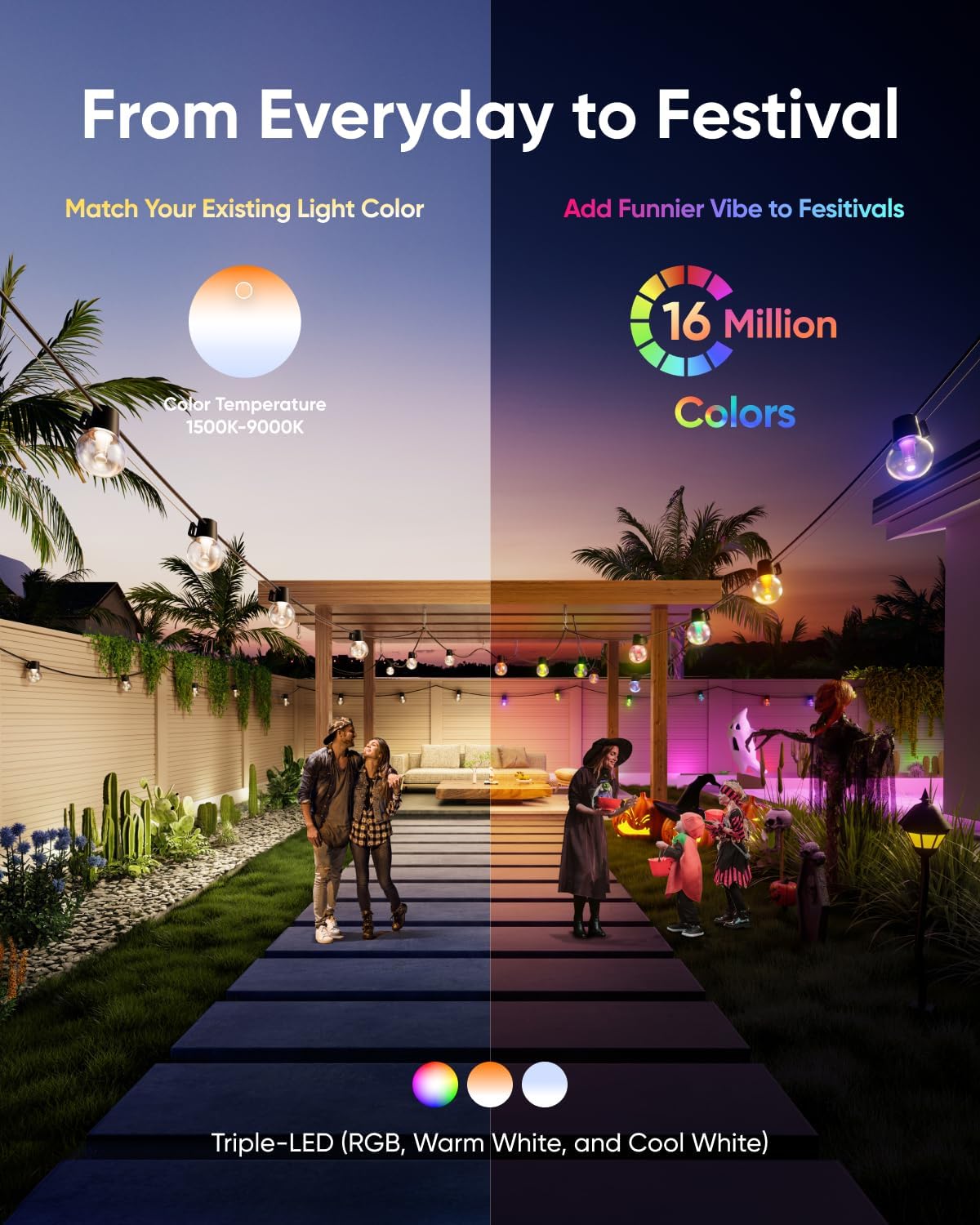 eufy Outdoor String Lights E10, 96ft with 30 Smart RGBWW LED Bulbs, Endless AI Light Themes for Christmas Decorations, IP65 Waterproof for Patio, Fence, Balcony, Link with Cameras, Voice & App Control