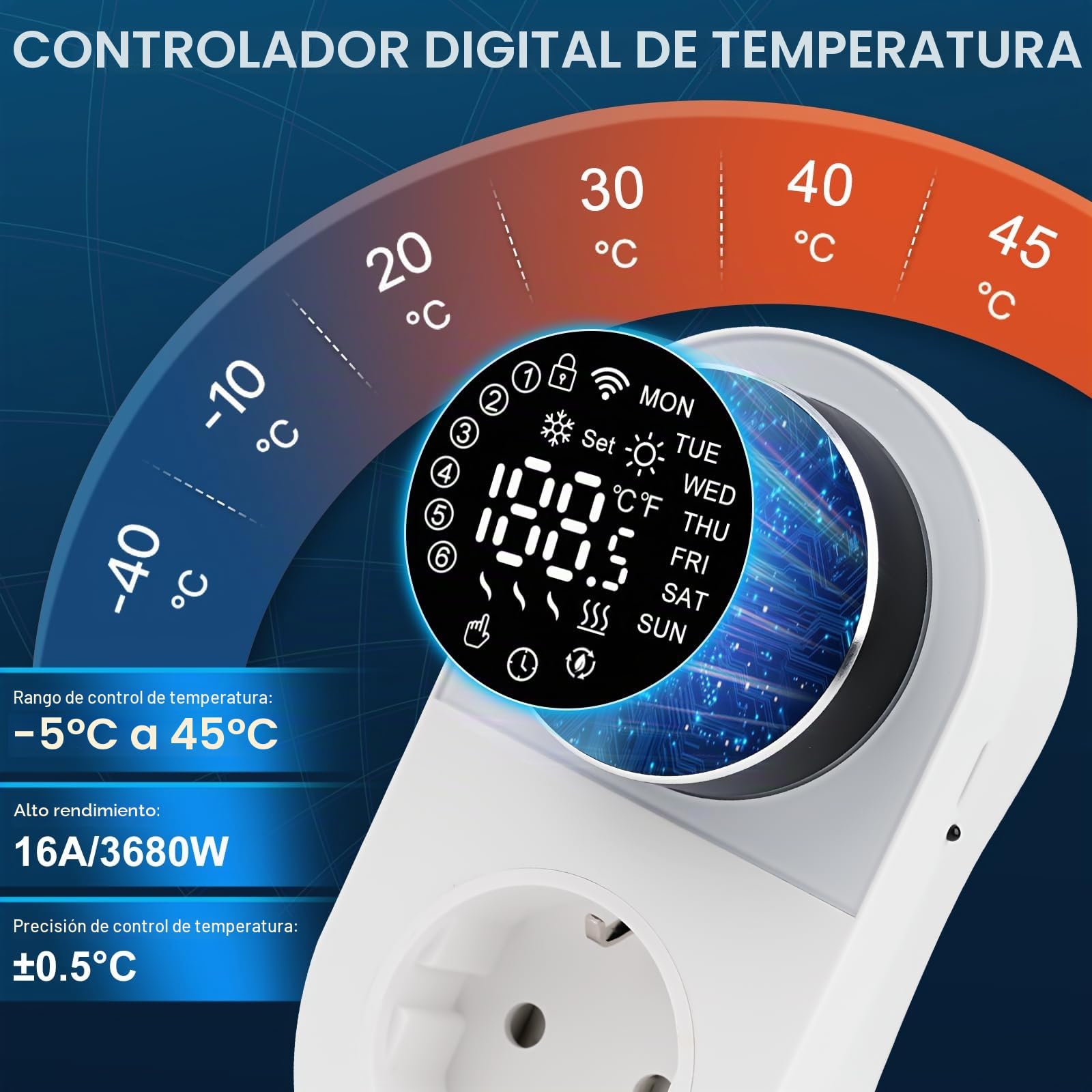 Enchufe termostato calefaccion WiFi termostato Inteligente Digital 220V 16A Controlador de Temperatura LED Cambio de Modo de refrigeración calefacción Compatible con Alexa y Google Assistant