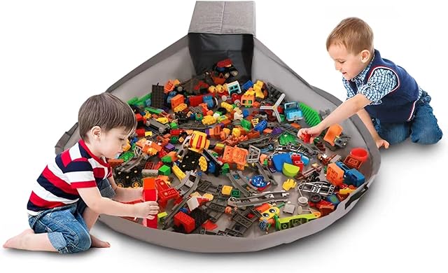 SUMBABO Toy Storage Organizer for Lego Play Mat Bag - Duplo Toy Storage Bin for Kids - Hard Cube Storage Basket with Lid can as Gift (Grey)