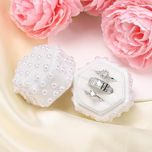 Miniatura 10 de WantGor Caja de anillos de terciopelo para joyería caja de regalo de anillo hexagonal con 3 ranuras vitrina de anillo vintage para ceremonia de boda