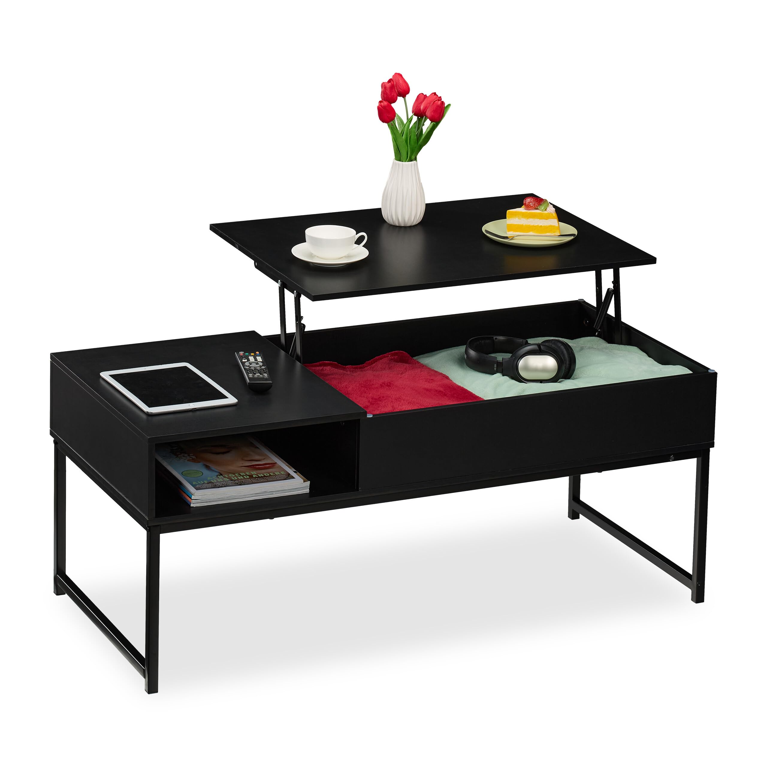 Relaxdays Tavolino da Salotto Contenitore, Tavolo Basso da caffè con Scomparto Portaoggetti, HLP: 45x110x50 cm, Nero