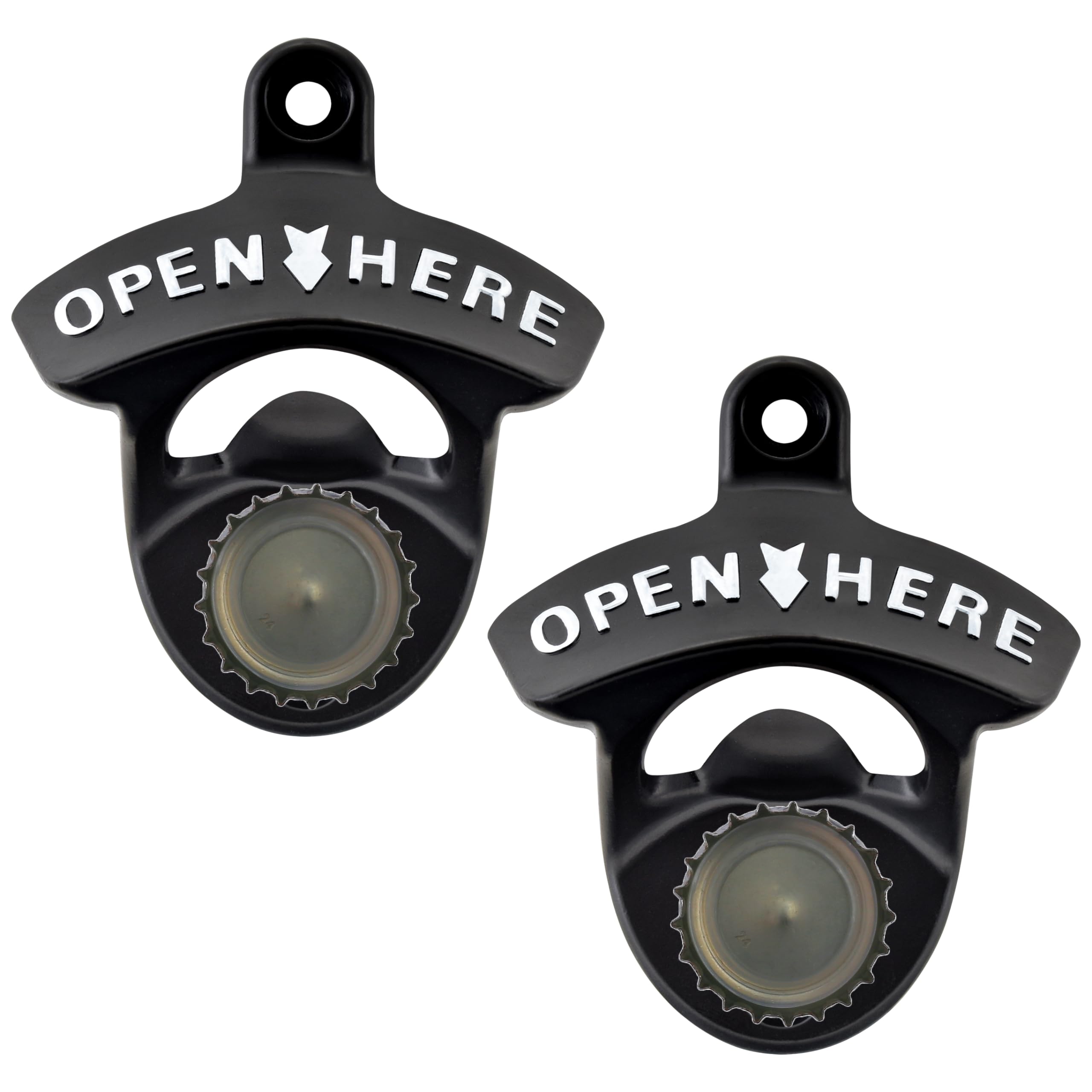 Jumiok Magnetic Post Mounted Beer Bottle Cap Opener Black with White, OPEN HERE Rustproof Screw in Wall Soda Top Opener with Magnets for Wood Caddy Cooler DIY Board(2 PCS)