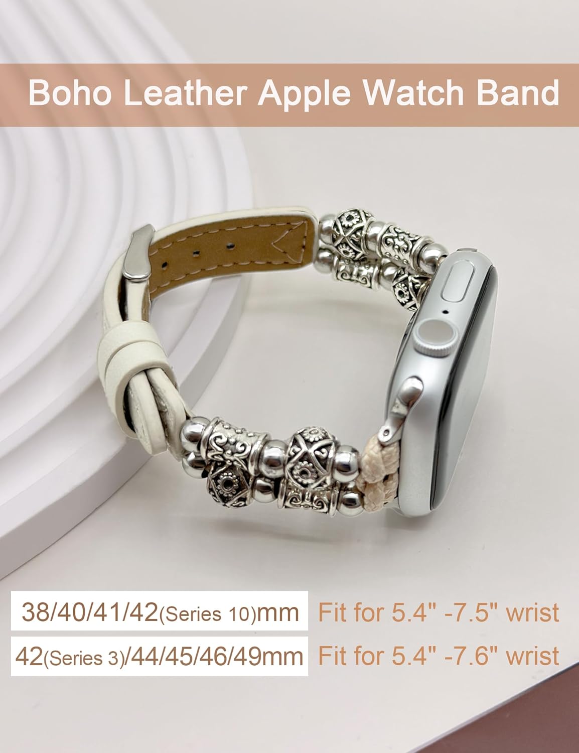 Leather Band Compatible with Apple Watch Bands 38/40/41/42/44/45/46/49mm Women, Boho Beaded Slim Vintage Bracelet Designer Cute Strap for iWatch Series 10/9/8/7/6/5/4/3/2/1/SE/Ultra 2 - Image 3