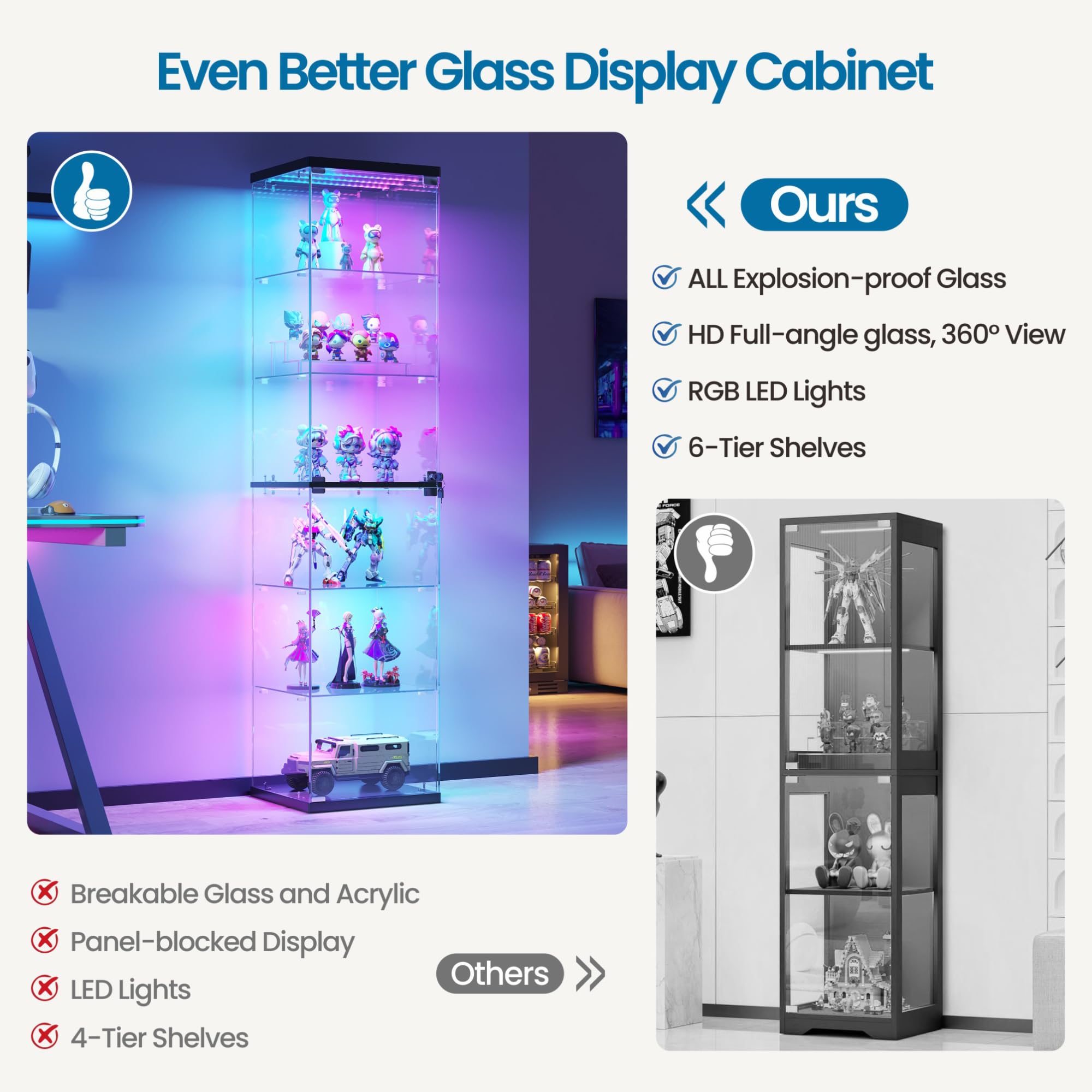 FREDEES Vitrina de cristal LED con iluminación RGB, 6 niveles, 180 cm de