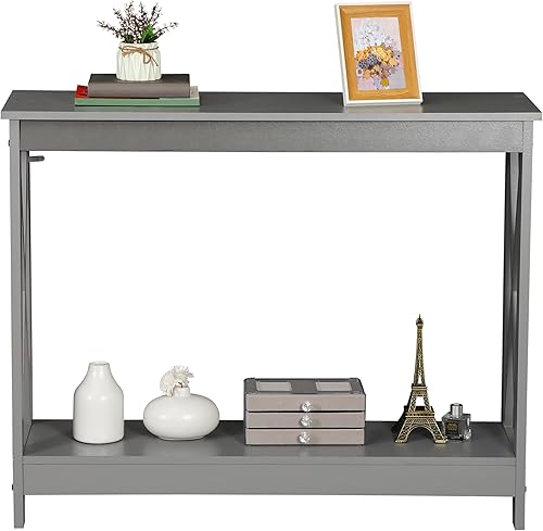Miniatura 5 de ZenStyle Mesa auxiliar de sofá con 2 estantes de almacenamiento, mesa decorativa estrecha para entrada, pasillo, sala de estar, 39.3 pulgadas de