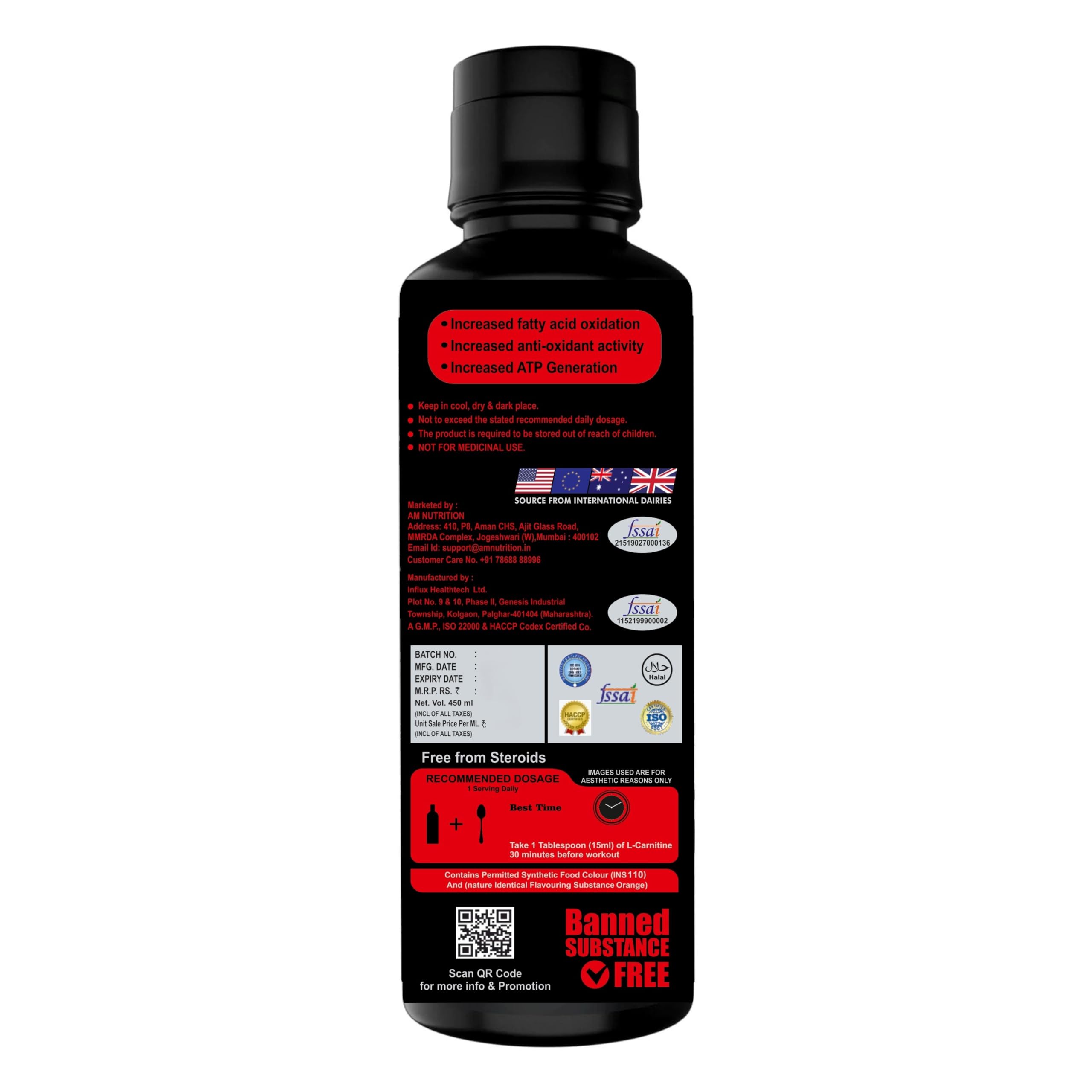 AM Nutrition L-Carnitine Liquid 3500mg 450ml (30 Servings)