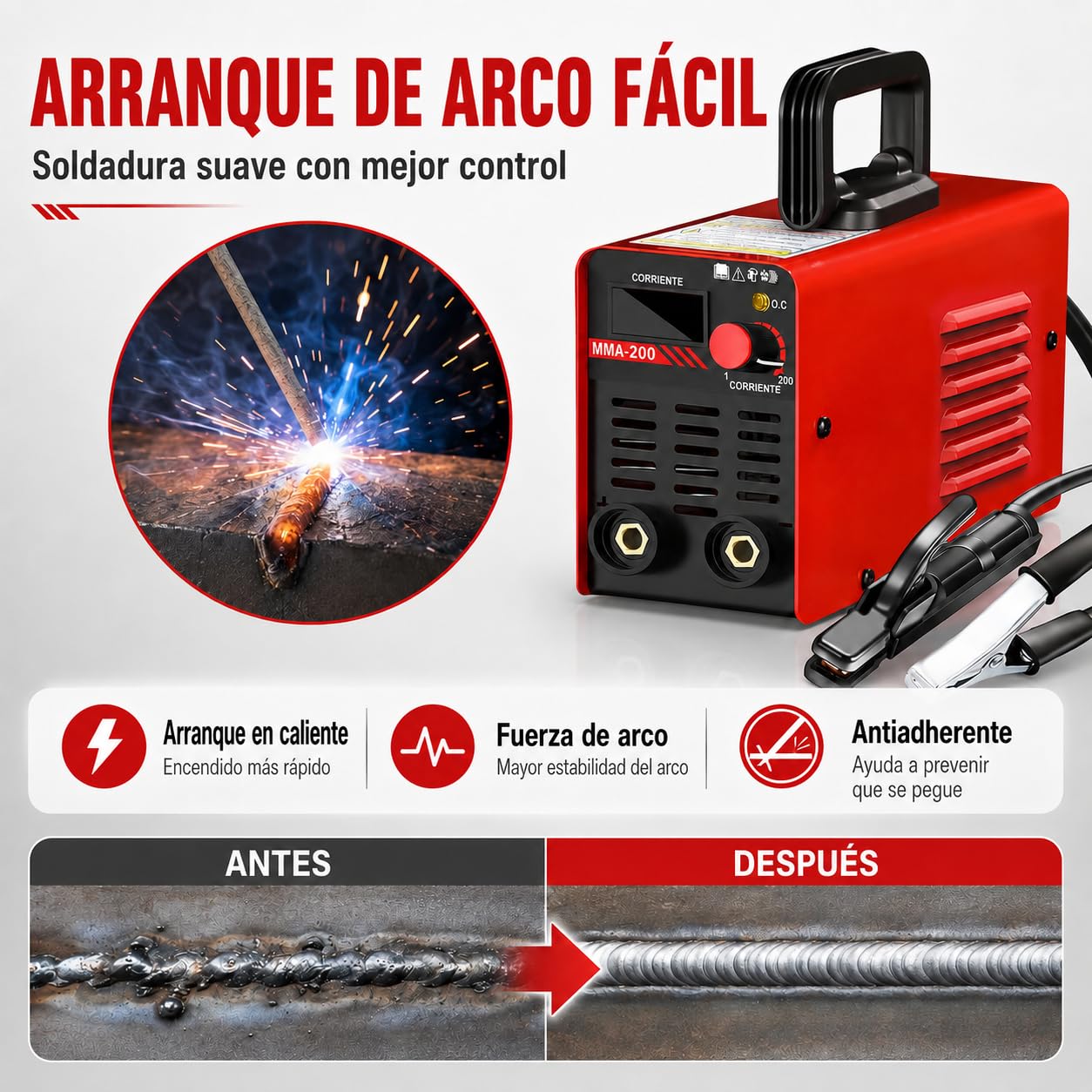 Soldadora de electrodo MMA de 200 A, soldadora de arco de 220 V con pantalla LED, kit con casco de soldadura, martillo para escoria, cepillo con arranque en caliente