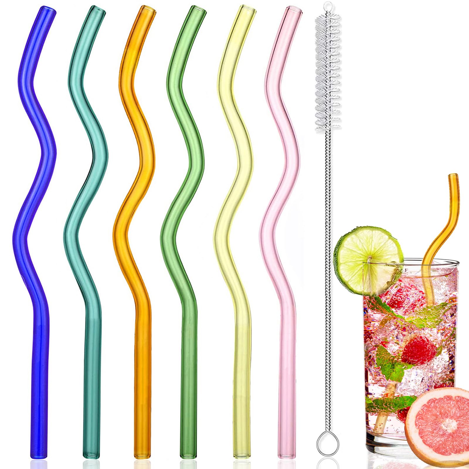 6-PACK Wavy Glass Straws,7.87"×8MM Reusable Colorful Glass Straws with 1 Cleaning Brush-Perfect for Juice,Tea,Coffee,Cocktails,Lemonades.(Colorful Wavy)