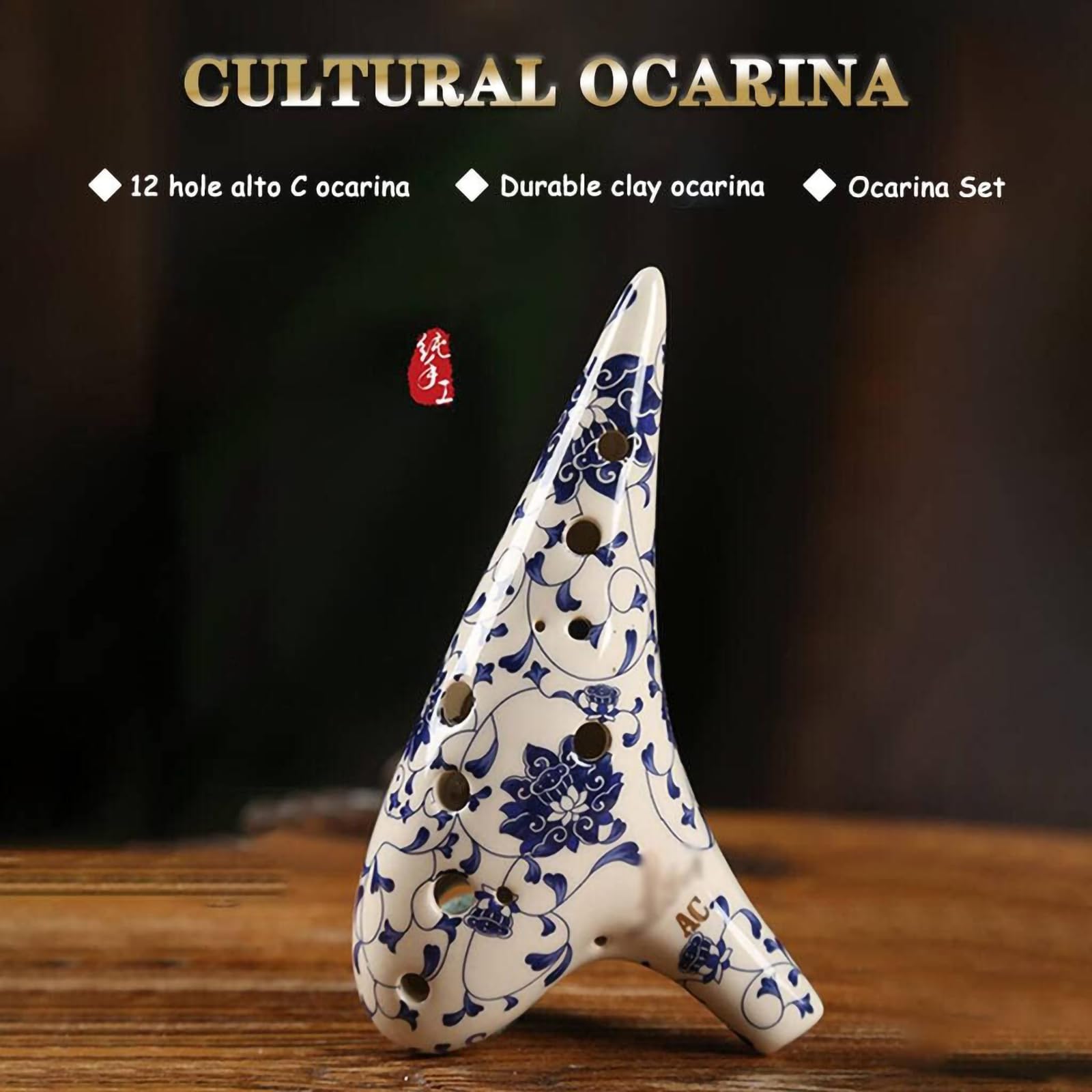 Okarina altowa C z 12 otworami, z torbą ochronną, ręcznie malowana niebiesko-biała porcelana, instrument muzyczny, porcelanowa glina, kolekcjonerska, z paskiem na szyję, pomysł na prezent dla