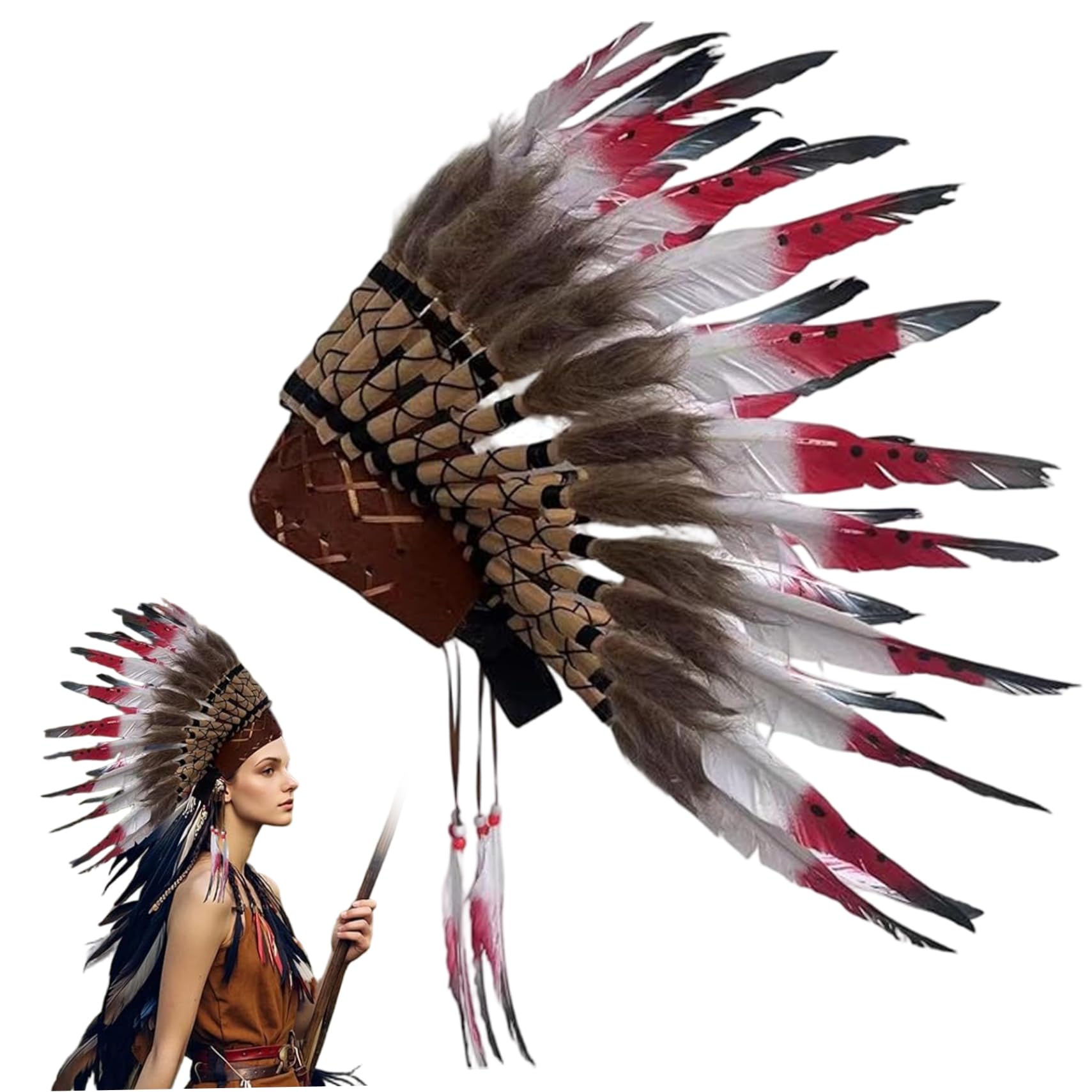 SMELEYOU Indian Headdress Feathers Indian Headpiece Native American Cosplay Halloween Costumes for Men Women, Red