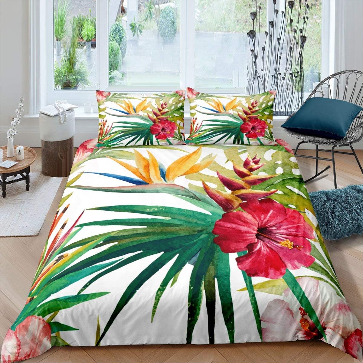 Tropical Tree Plant Duvet Cover Set Twin Size with Zipper Closure, Watercolor Red Hibiscus Flower Pattern Printed Comforter Cover,Palm Leaves Bedding Sets with 1 Pillow Case,Soft,Green Pink