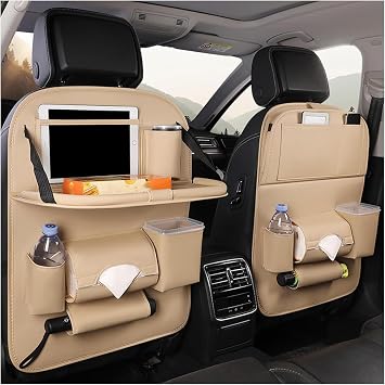 Car Backseat Organizer for VW CC Jetta MK5 MK6 Polo, Leather Storage Bag Foldable Multifunctional Car Seat Back Storage Box with Foldable Tablet Holder Easy to Clean,Beige-1pcs