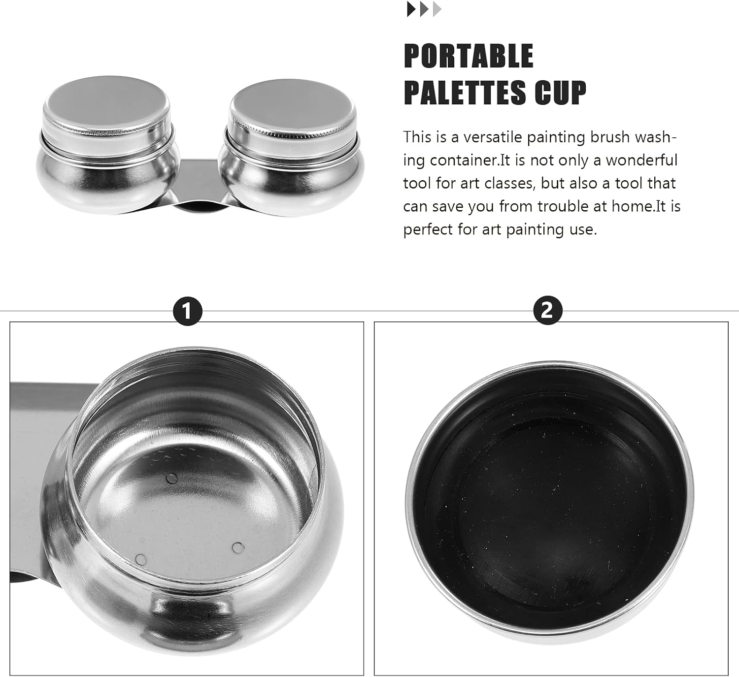 SEWACC 3pcs Stainless Steel Palette Cups with Double Spouts and Lids for Oil Painting Artists, Leakproof Pigment Mixing Pots Suitable for Watercolor and Acrylic Painting Supplies