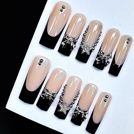 Y2K Goth Nails: Black French Tip Press-Ons 🖤