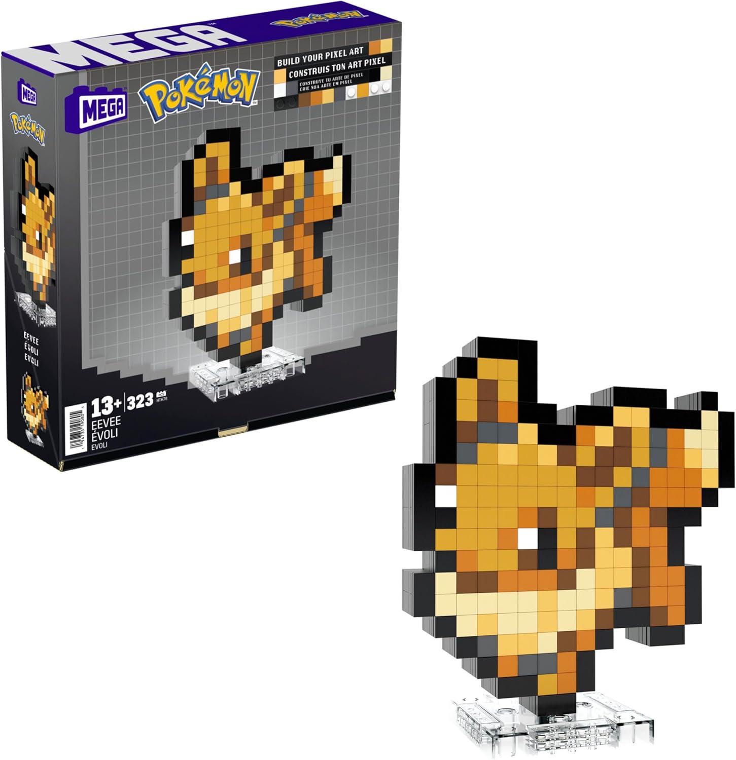MEGA Pokémon Pixel Art Eevee Bloques de Construcción (323 piezas) 1 MEGA Pokémon Pixel Art Eevee Bloques de construcción, estilo retro basado en el videojuego de los 90, 323 piezas, juguete para coleccionistas +13 años (HTH78)