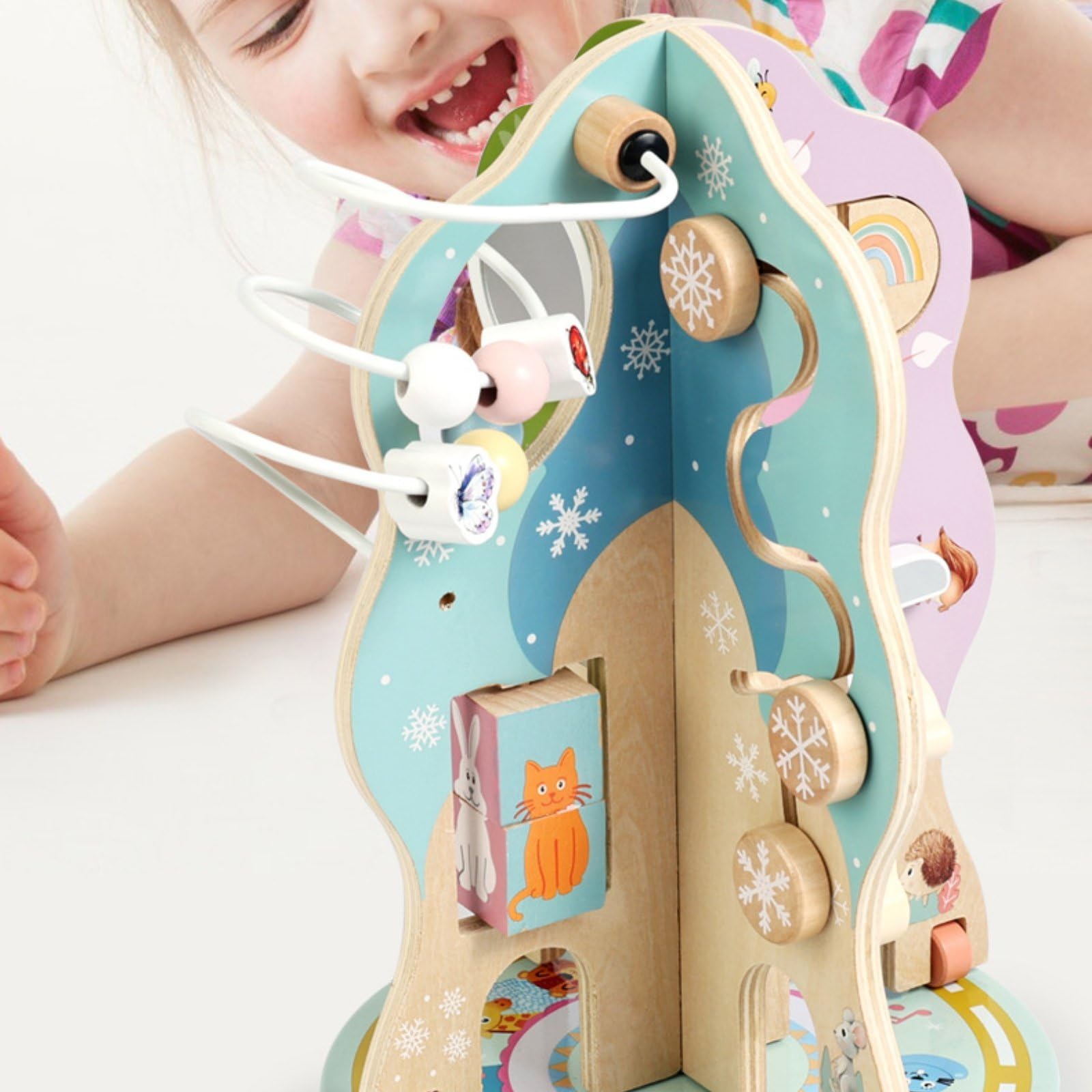 Giocattolo Educativo per Bambini Albero attività Rotante Busy Board Cubo Motricità Perline Torre Interattiva in Legno Stimola Coordinazione E Concentrazione Adatto per Casa Asilo Aula