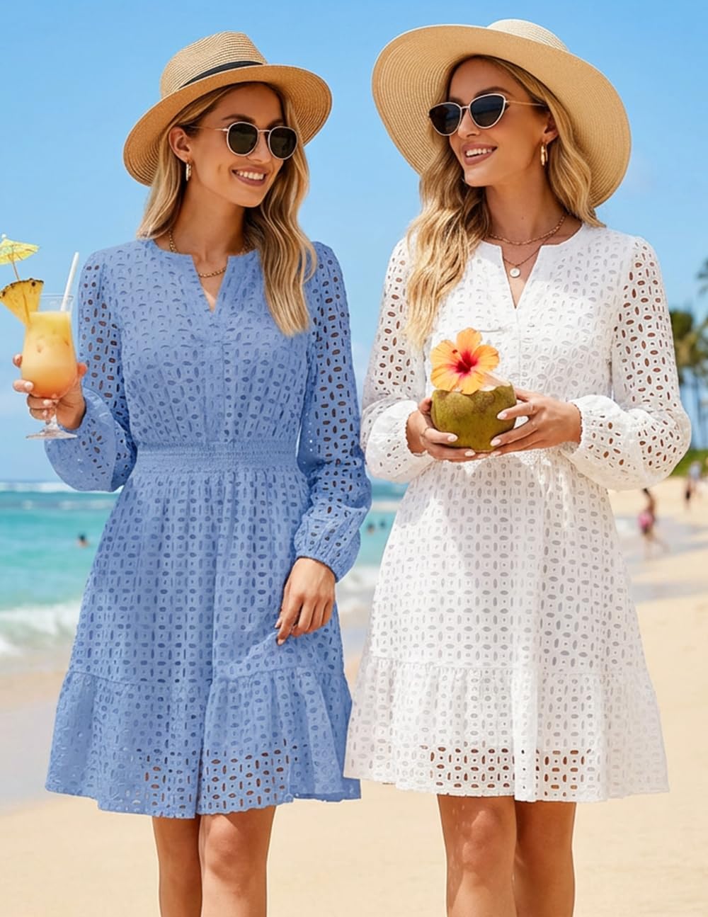 ZESICA Women's 2026 Long Sleeve Mini Dress Fall V Neck Hollow Out Eyelet Embroidery Ruffle A Line Swing Short Dresses - Image 5