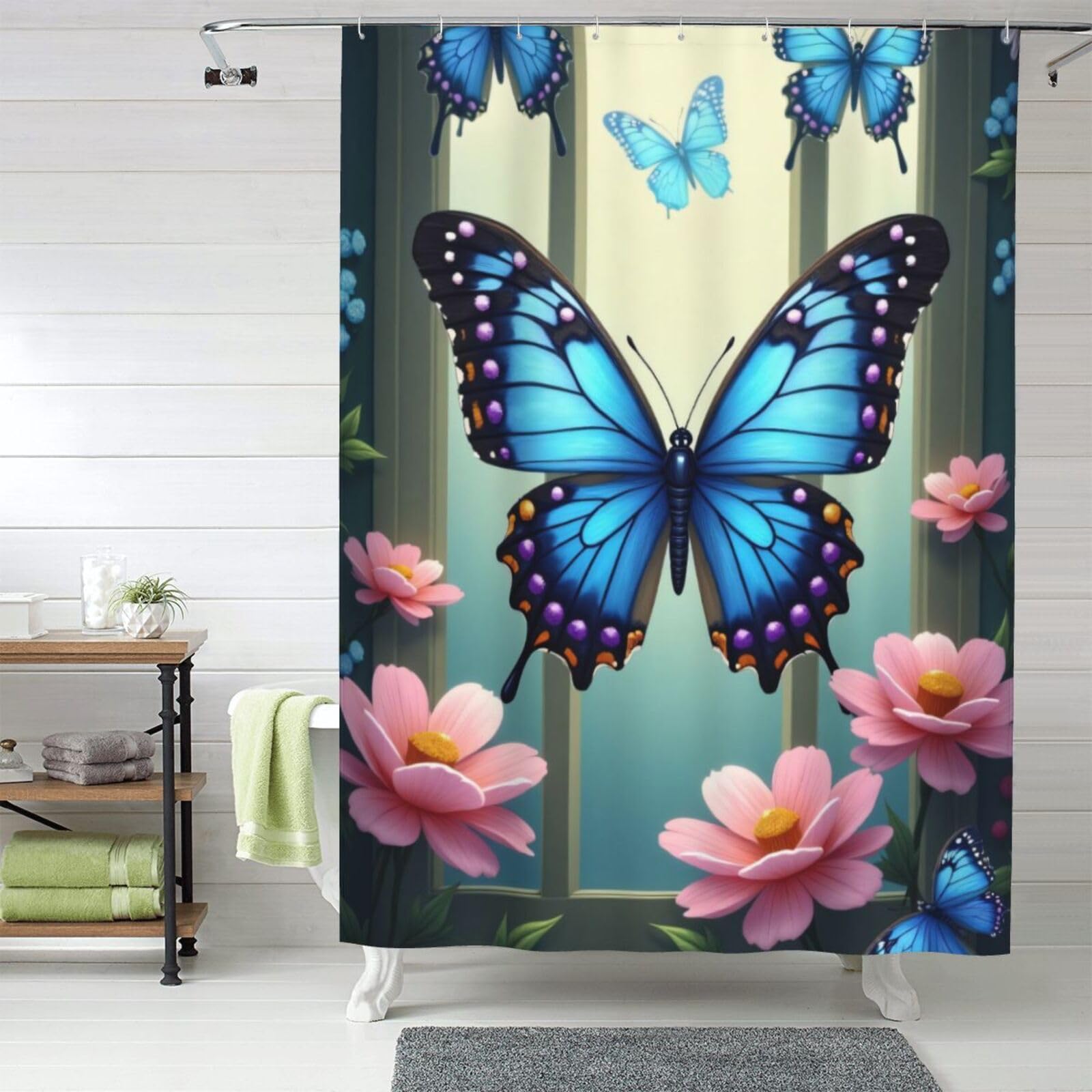 Rideau de douche imprimé papillons n° 906 en tissu épais, format 152x183 cm pour salle de bain