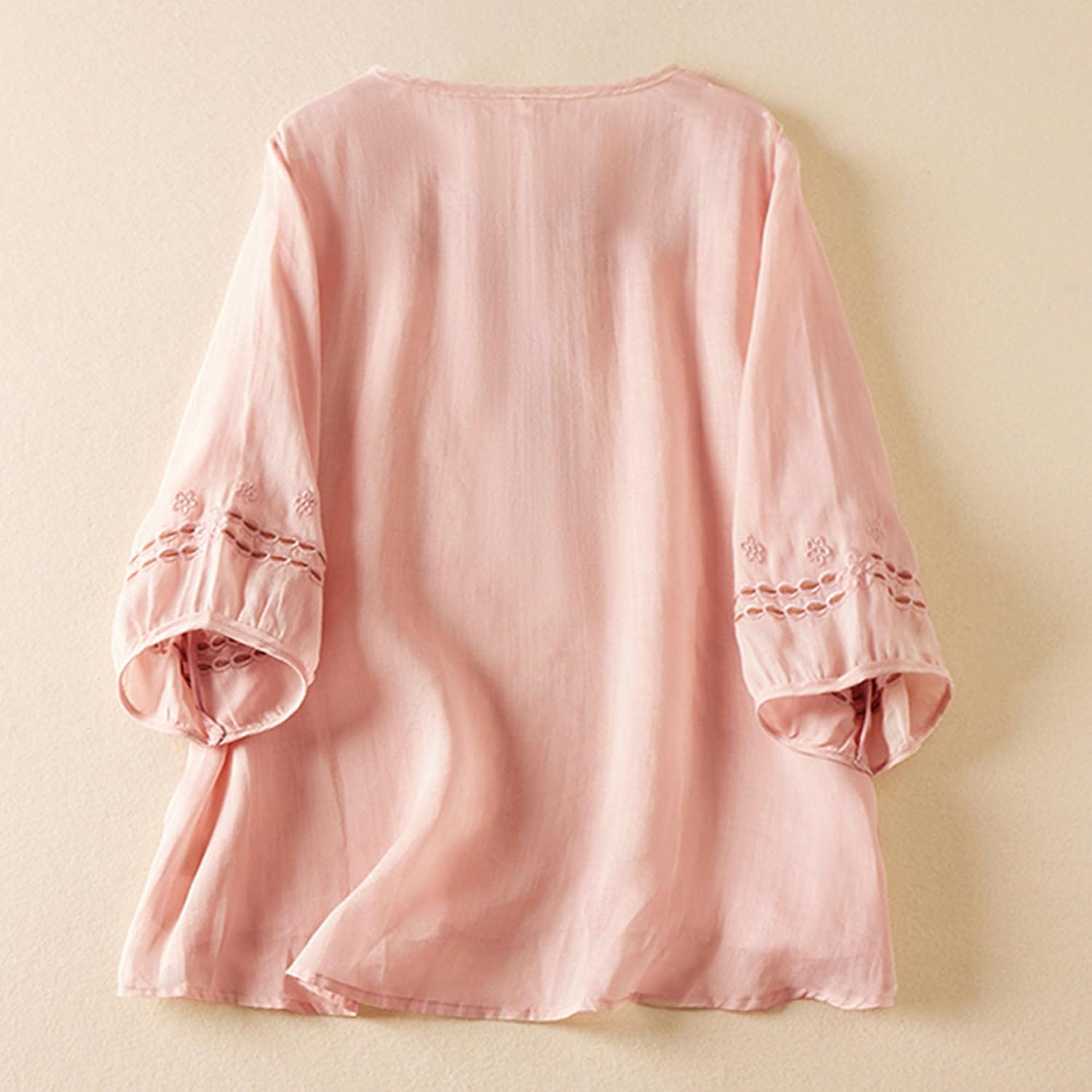 Women's Button Down Embroidery 3/4 Sleeves Cotton Linen Tunic Tops Blouse - Image 4