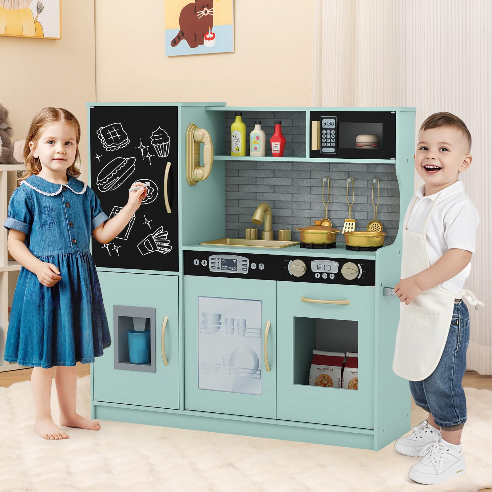RELAX4LIFE Cucina Giocattolo per Bambini, Gioco Cucina in Legno con Frigo con Lavagna, Microonde, Forno, Macchina per il Ghiaccio, Mini Cucina per Bambini 3-6 Anni (Verde, 82 x 24 x 80 cm)