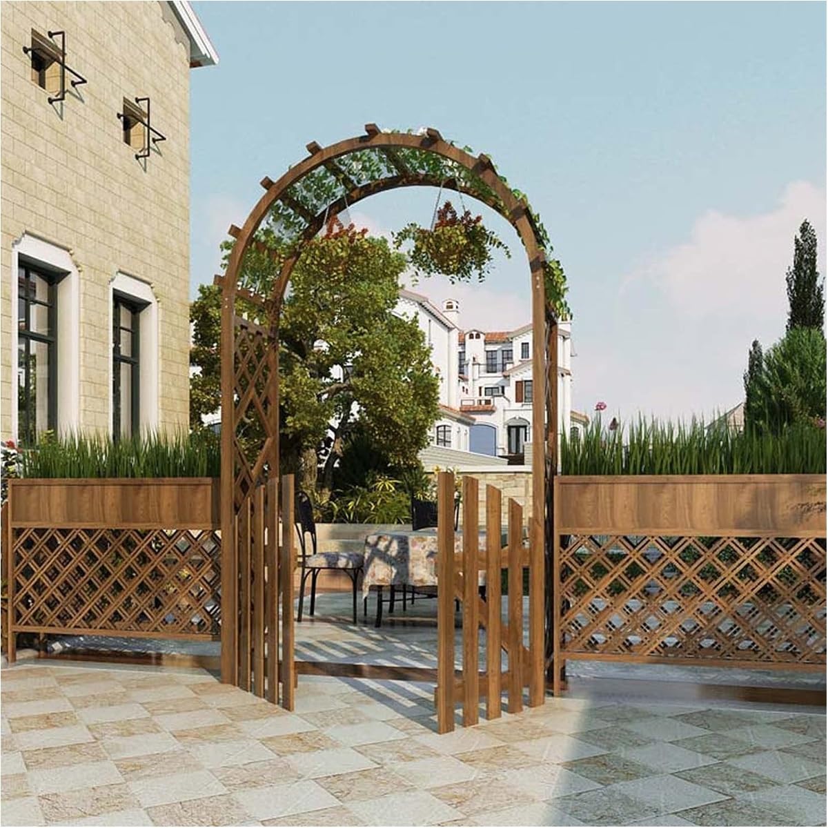 Drewniana pergola do użytku na zewnątrz, łuk ogrodowy, altana, na imprezy, ceremonie, wesela, krata, łuk różany do roślin pnących, drewno jodłowe, odporna na warunki atmosferyczne (szer. x wys.) 119,4
