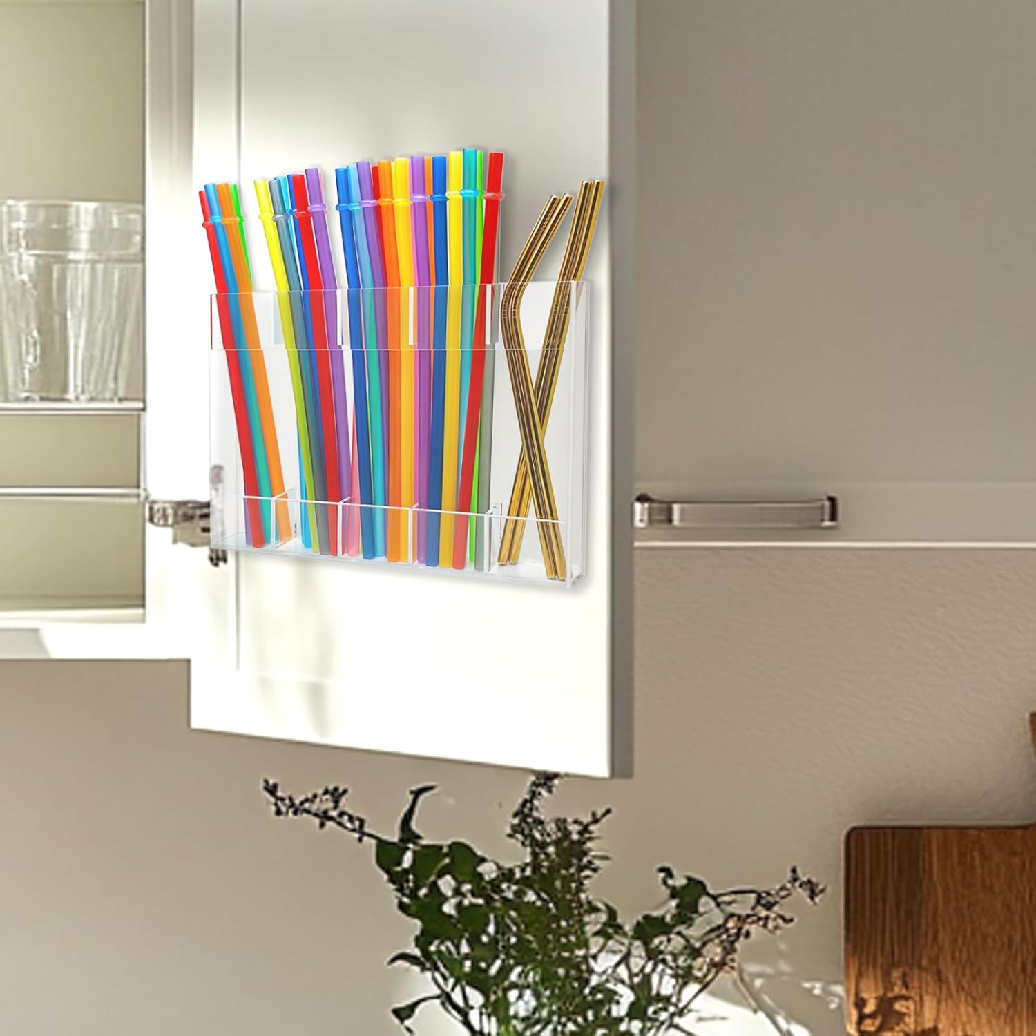 Acrylic Straw Holder, Cabinet Straw Organizer with Double Sided Adhesive Tape, Tall Drinking Straws Dispensers, Reusable Straws Storage Container for Cupboard, Kitchen Countery (Clear) - Image 7