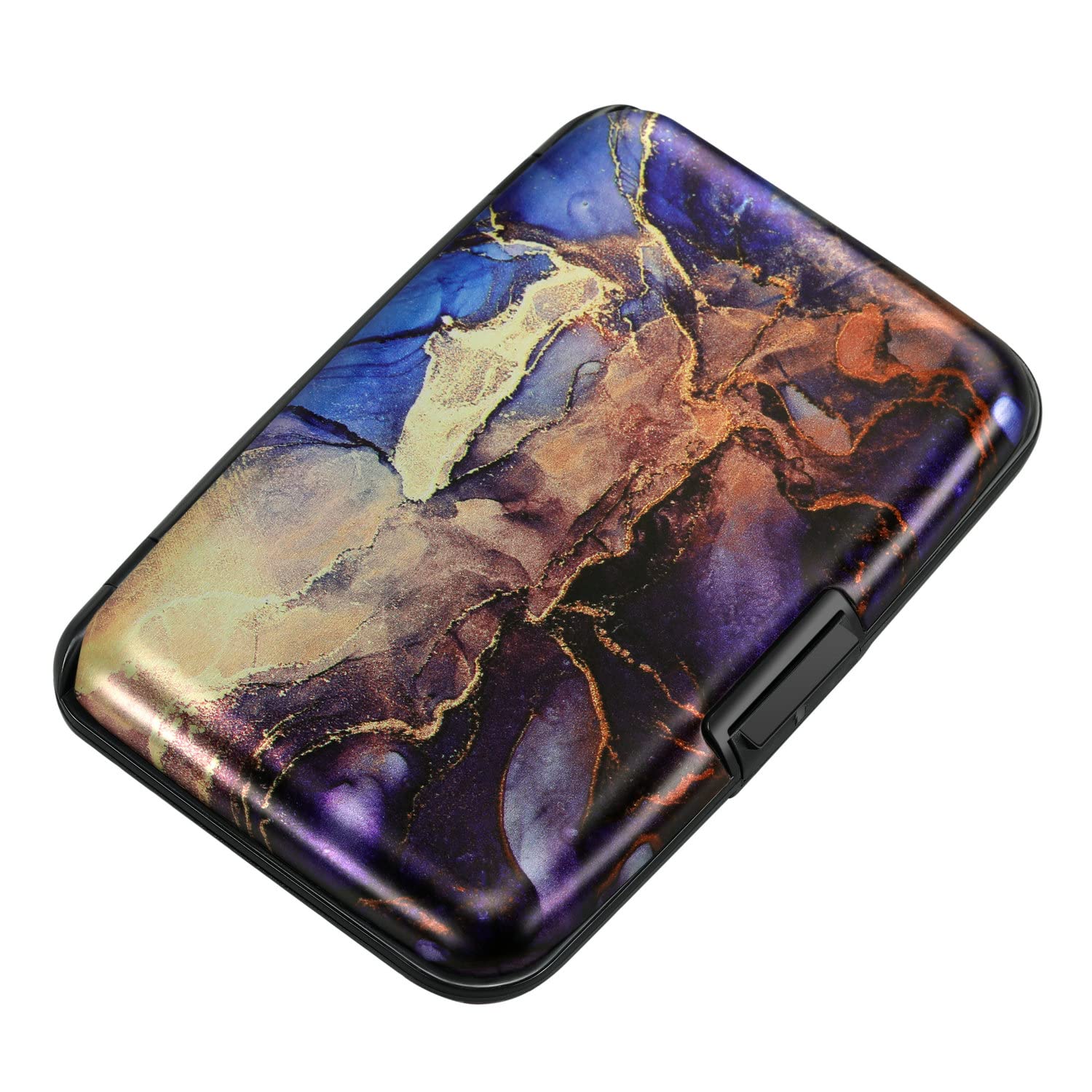 ELFISH Mini RFID Aluminum Wallet Credit Cards Holder Business Card Case Metal ID Case for Men Women（Gold Purple Marble