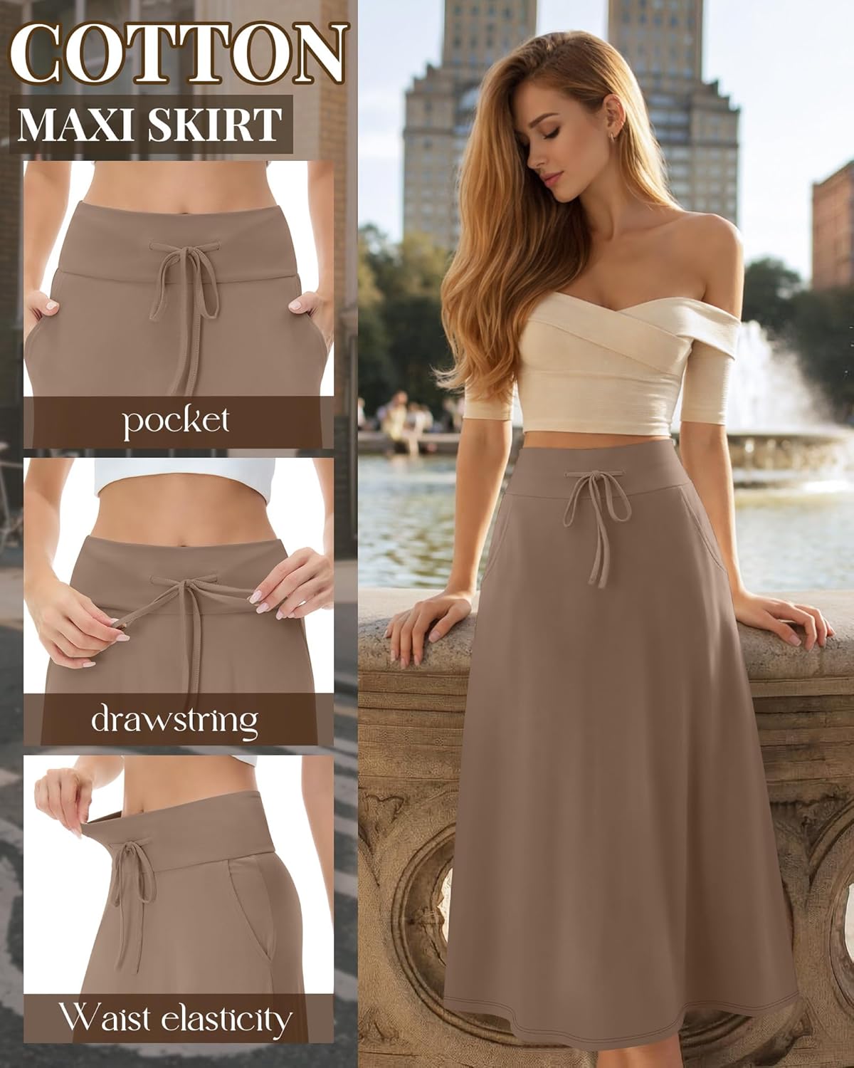 Riyiper 3 Pack Women's Maxi Skirts High Elastic Waist a Line with Pockets Ankle Length Flowing Drawstring Dress Casual Summer - Image 5