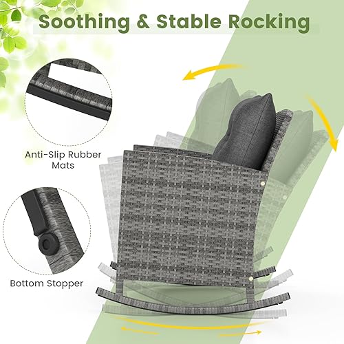 Miniatura 5 de Tangkula Juego de mecedoras de mimbre de 3 piezas, sillas roker de ratán para patio con mesa de vidrio templado y cojines suaves, juego de muebles