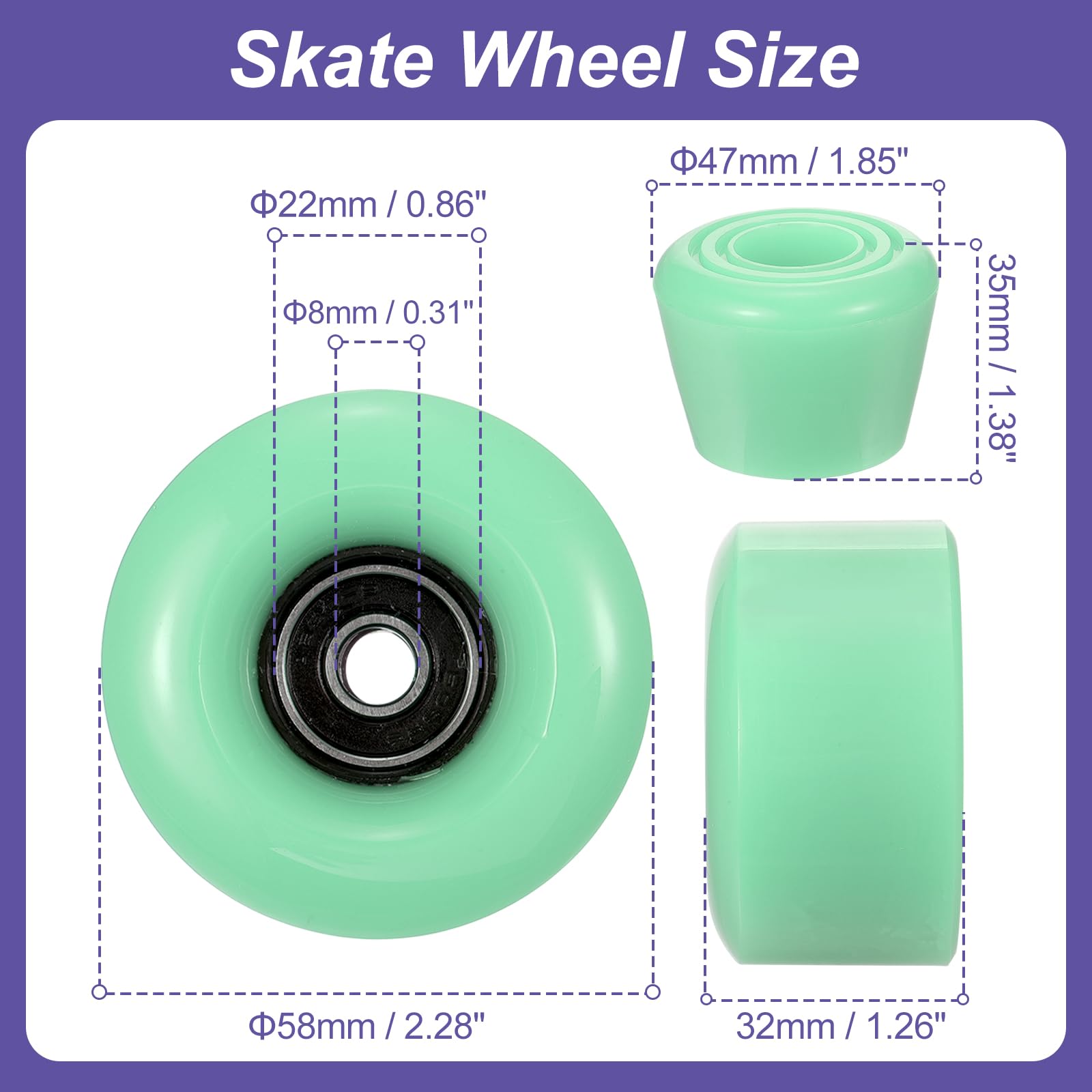 PATIKIL 8 Pack Roller Skate Wheels Outdoor 58mmx32mm Quad Roller Skate Wheels with ABEC-9 Bearing, 82A PU Roller Wheels & 2 Toe Stoppers for Double Row Skate Skateboard Indoor, Green