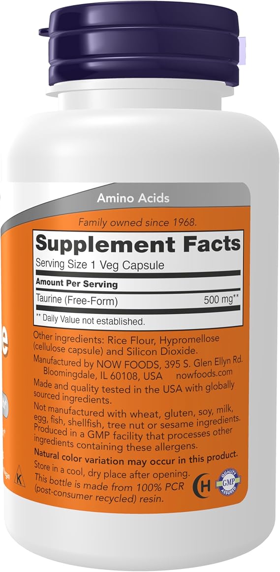 NOW Supplements, Taurine 500 mg, Nervous System Health*, Amino Acid, 100 veg Capsules