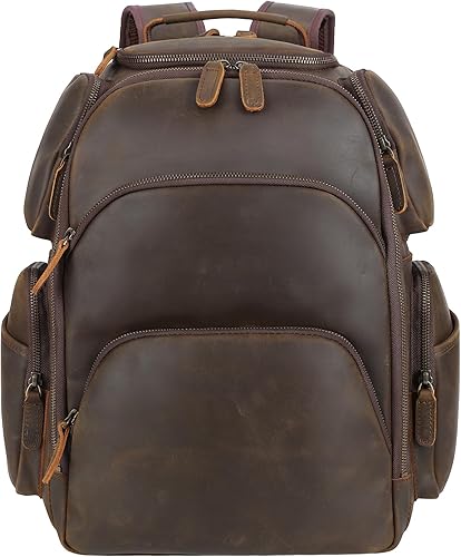 TIDING Mochila vintage de cuero de grano completo para laptop de 16 pulgadas para hombre, con múltiples bolsillos, mochila de viaje, fin de semana,