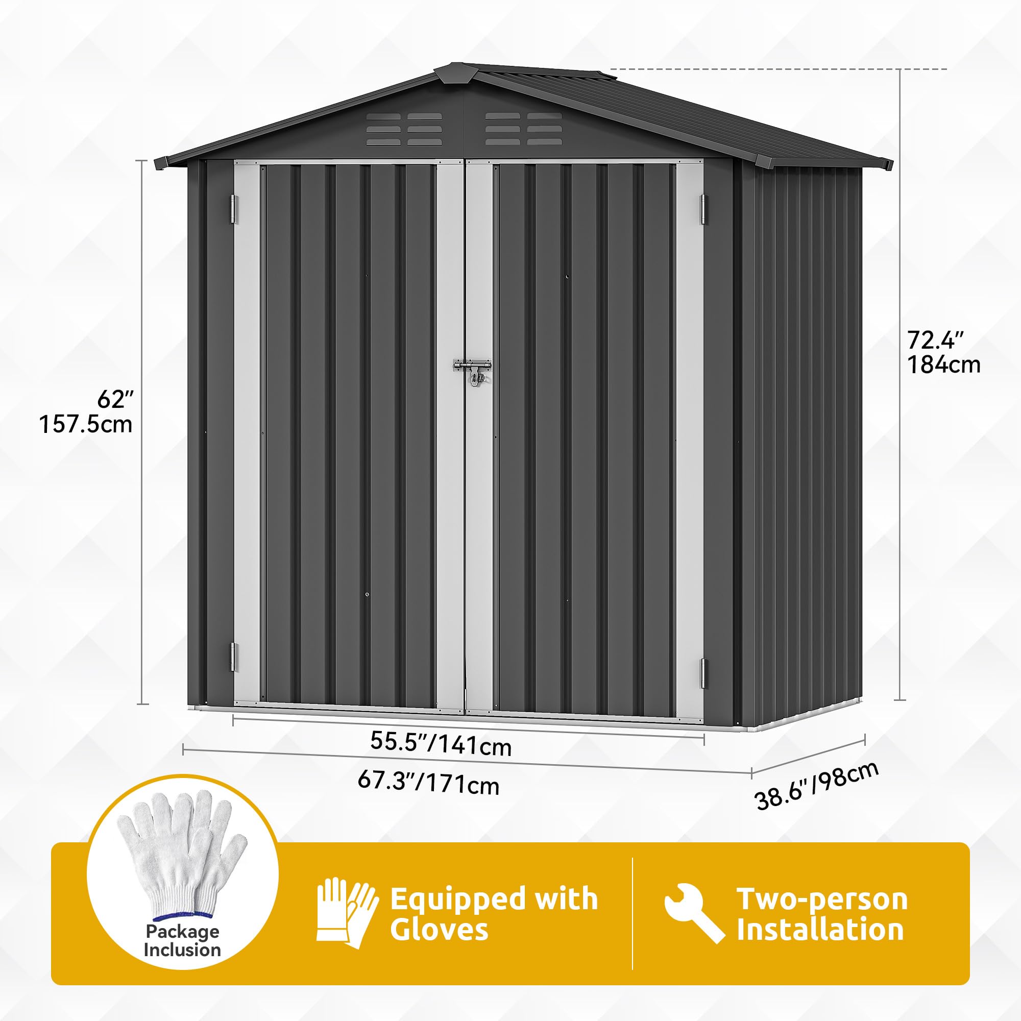 YITAHOME Metall Geräteschuppen Gerätehaus Gartenhaus Gartenhütte,Dunkelgrau | 171x87x184cm|6x4 klein|Rasenmäher Gartenschuppen|Satteldach|Abschließbar|4 Lüftungsöffnungen|Gartenhaus mit Tür|Wetterfest