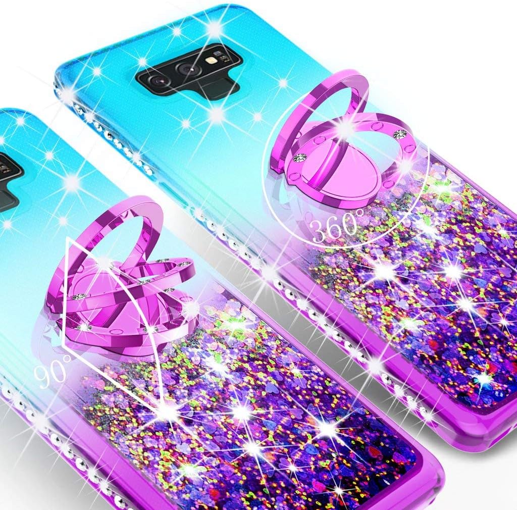 Galaxy Note 9 Case,Liquid Glitter Ring Kickstand Shock Proof Quicksand Bling Cover Compatible for Samsung Galaxy Note 9 Phone Cases Girls Women, Teal/Purple