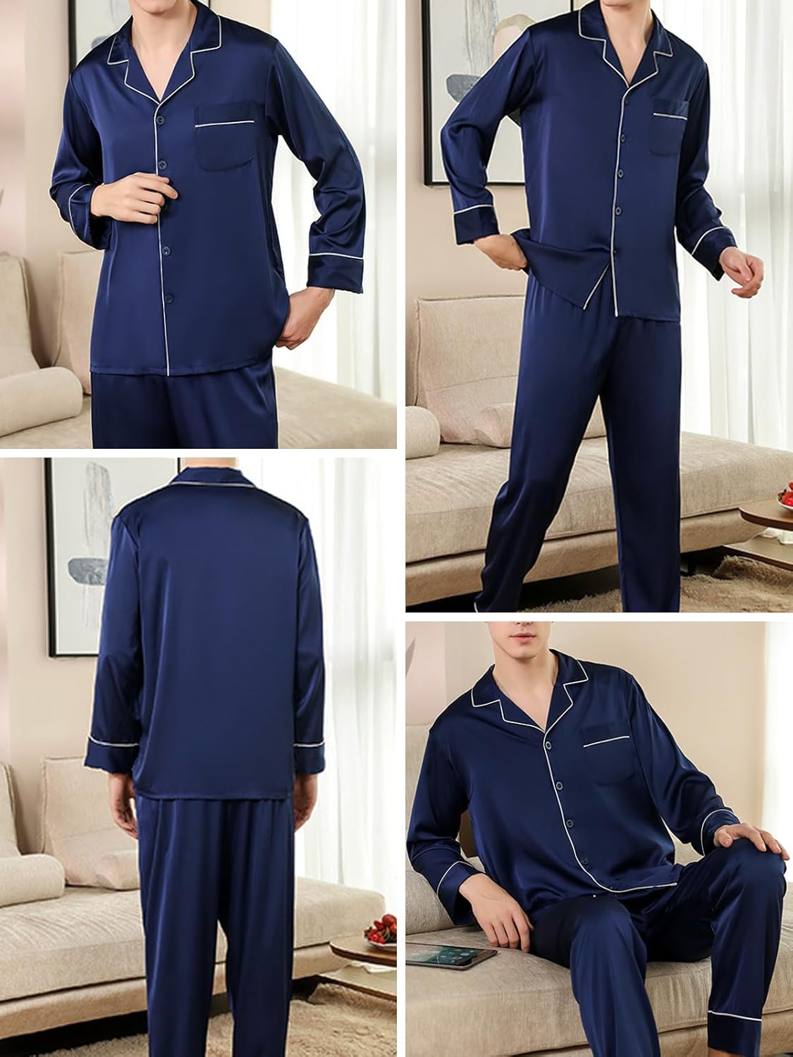 Wowcarbazole Men's silk Satin Pajamas Set Long/short Sleeve Button-Down Sleepwear with front pocket - Image 6