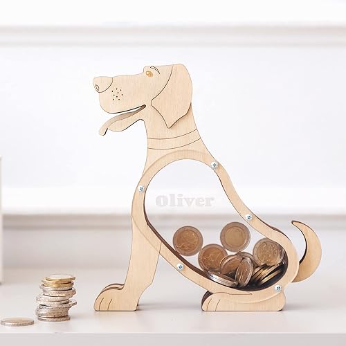 Miniatura 4 de Wooden Dog Money Piggy Bank for Kids and Adults - Wooden Personalized Gift for Coins, Tips, Savings
