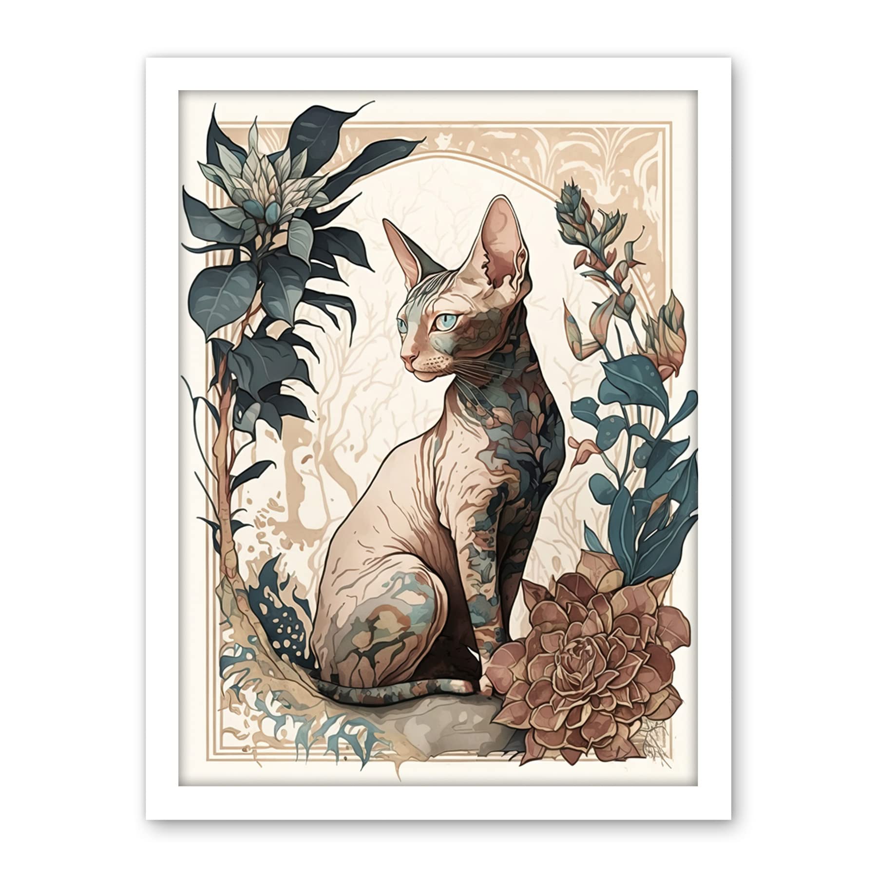 Artery8 Sphynx Cat with Flower Blooms Modern Art Nouveau Portrait Illustration Artwork Framed Wall Art Print 18X24 Inch