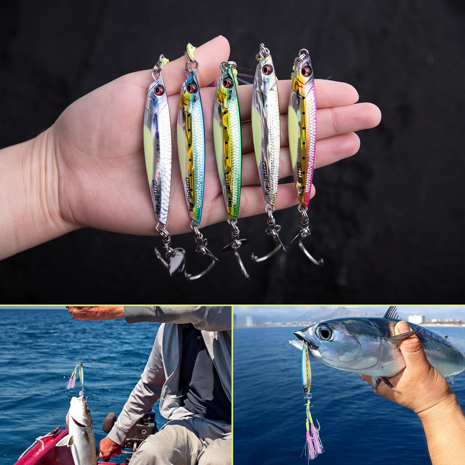 Goture Fishing Jigs, 40g 60g 80g Vertical Jig Saltwater Freshwater, Jig Fishing Lures with Assist Hook and Treble Hook, 5PCS Jigging Spoon Lures, Speed Fast Fall Jigs for Tuna,Salmon,Bass