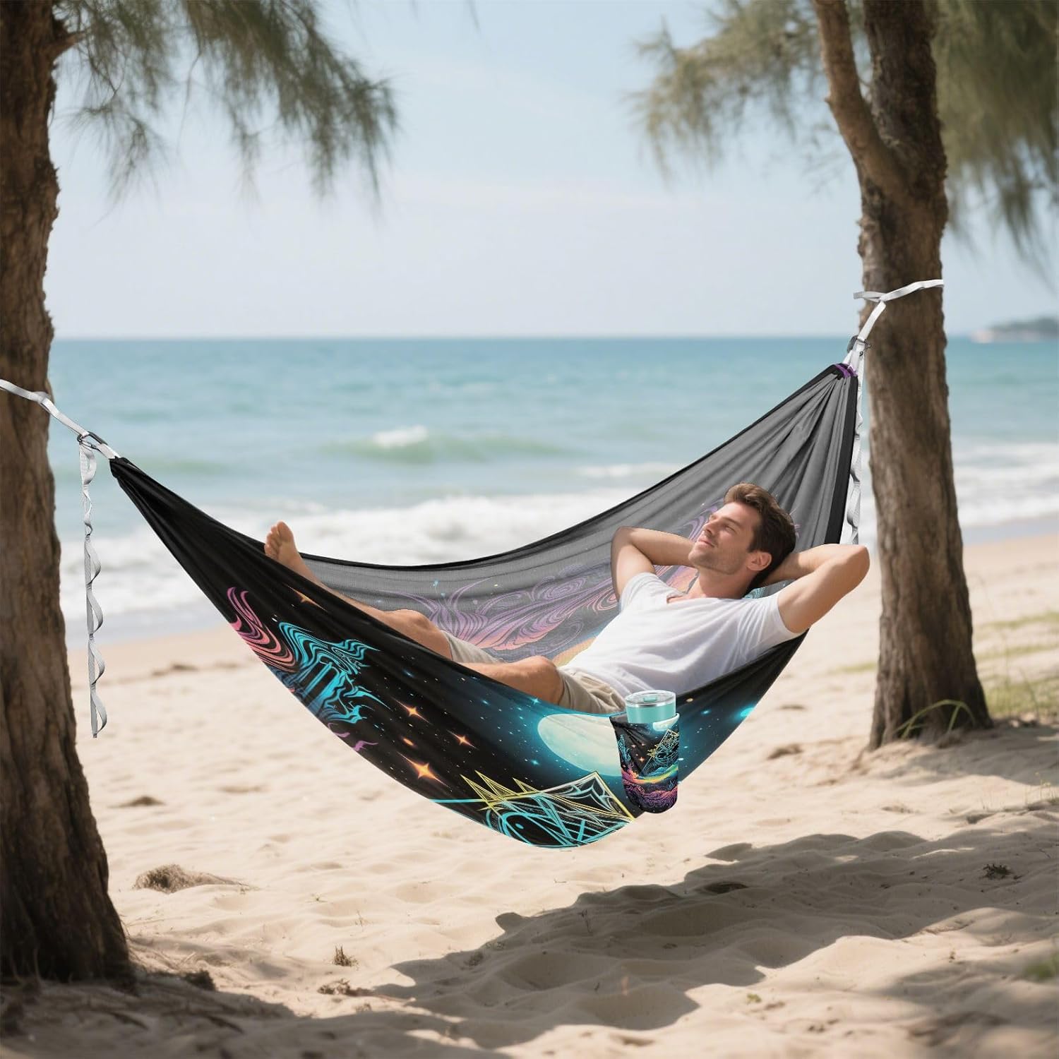 ALAZA Alchemy Moon and Stars Camping Hammocks Single or 2 Person 500 lbs Portable Parachute Travel Hammock w/Tree Straps for Hiking Backpacking Indoor Outdoor