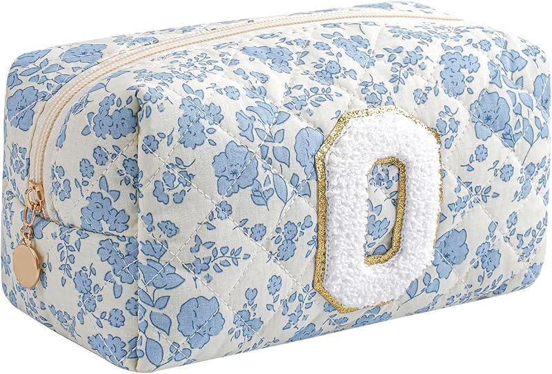 Necessaire de algodão Gleyemor com inicial personalizada, estampa floral azul e fechamento por zíper