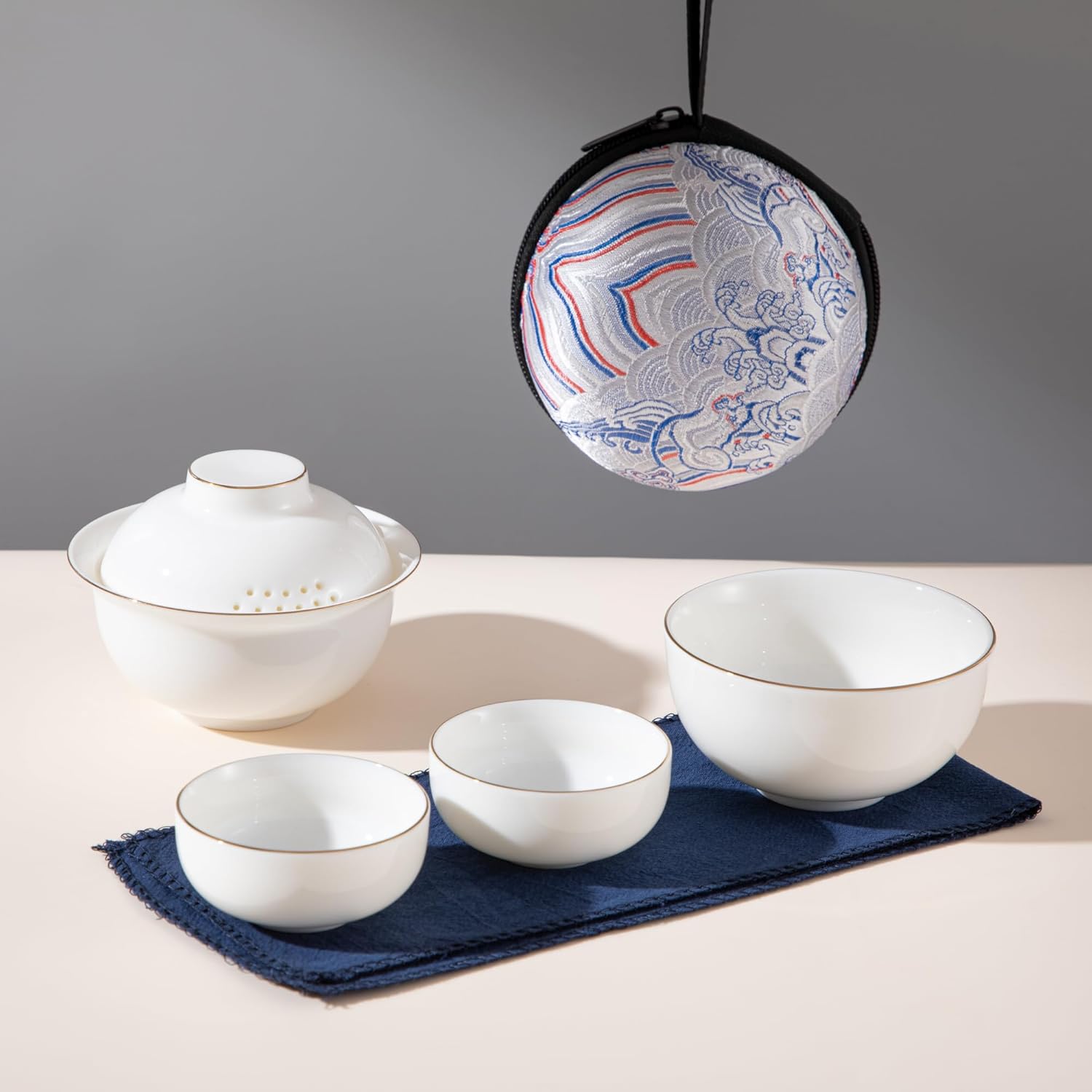 Ceramic Travel Gaiwan Kungfu Tea Set,Chinese Suet Jade White Porcelain Tea Bowl Set,Portable for Home Business Outdoor Hotel (White)